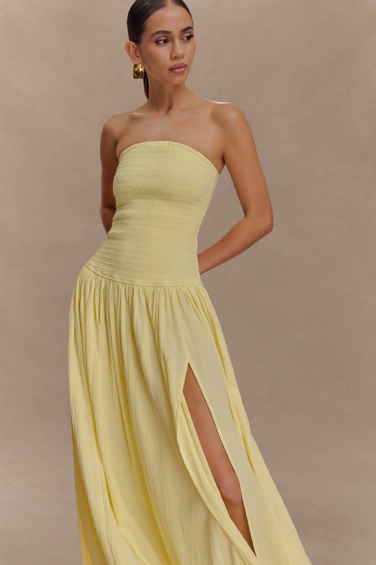 Maureen Cotton Shirring Maxi Dress - Lemon