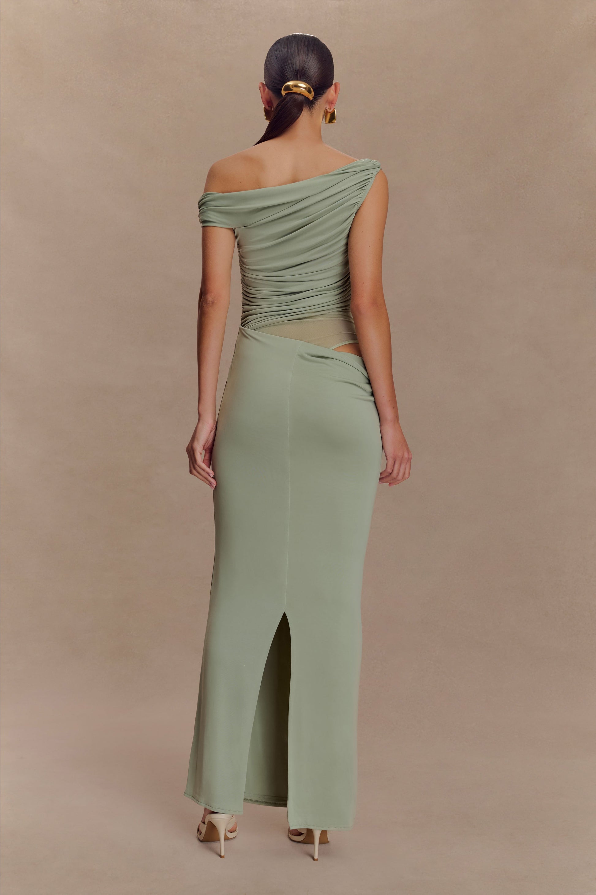Callen One Shoulder Slinky Maxi Dress - Sage #2