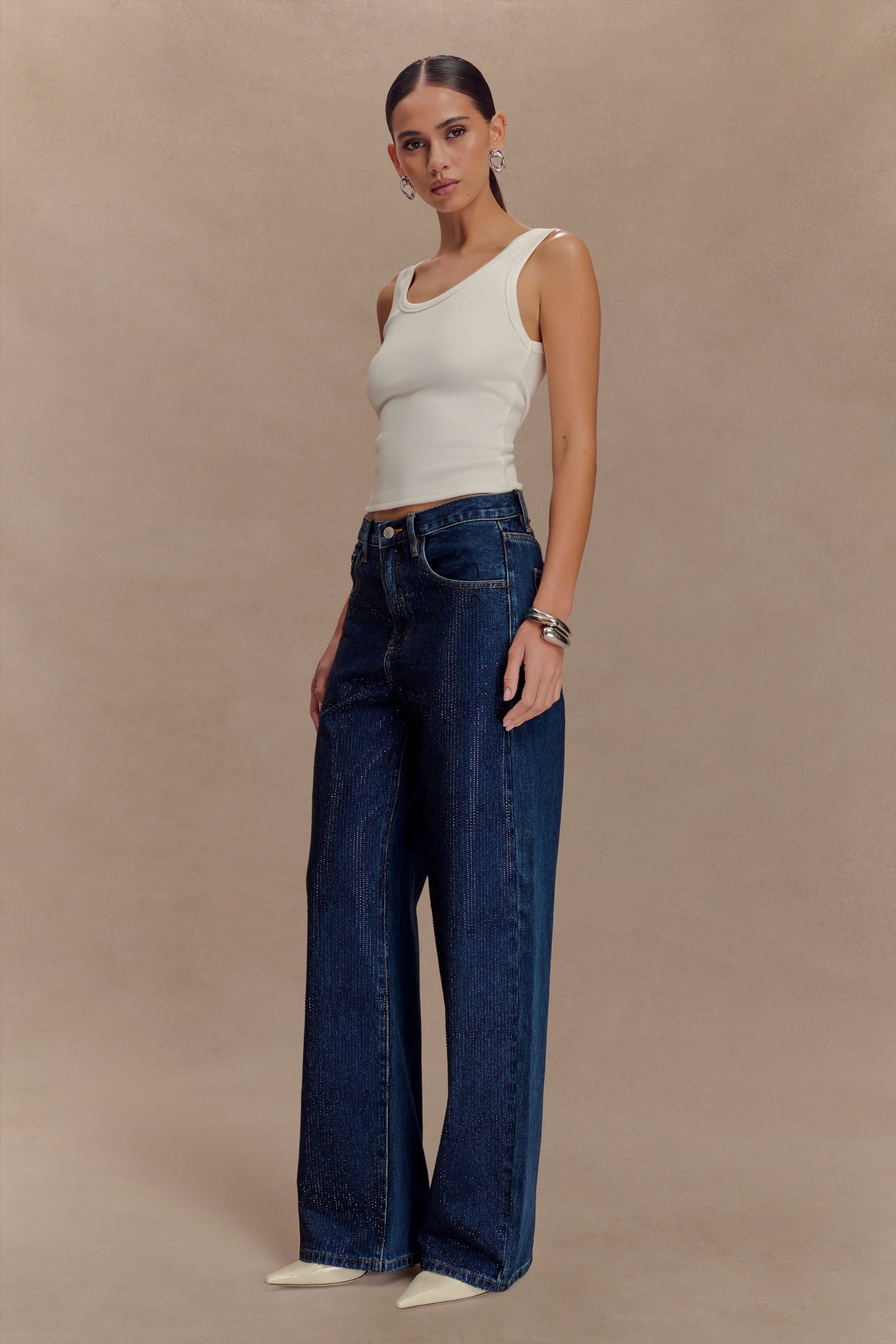 Laina Mid Rise Diamante Denim Jeans - Midnight Blue #7