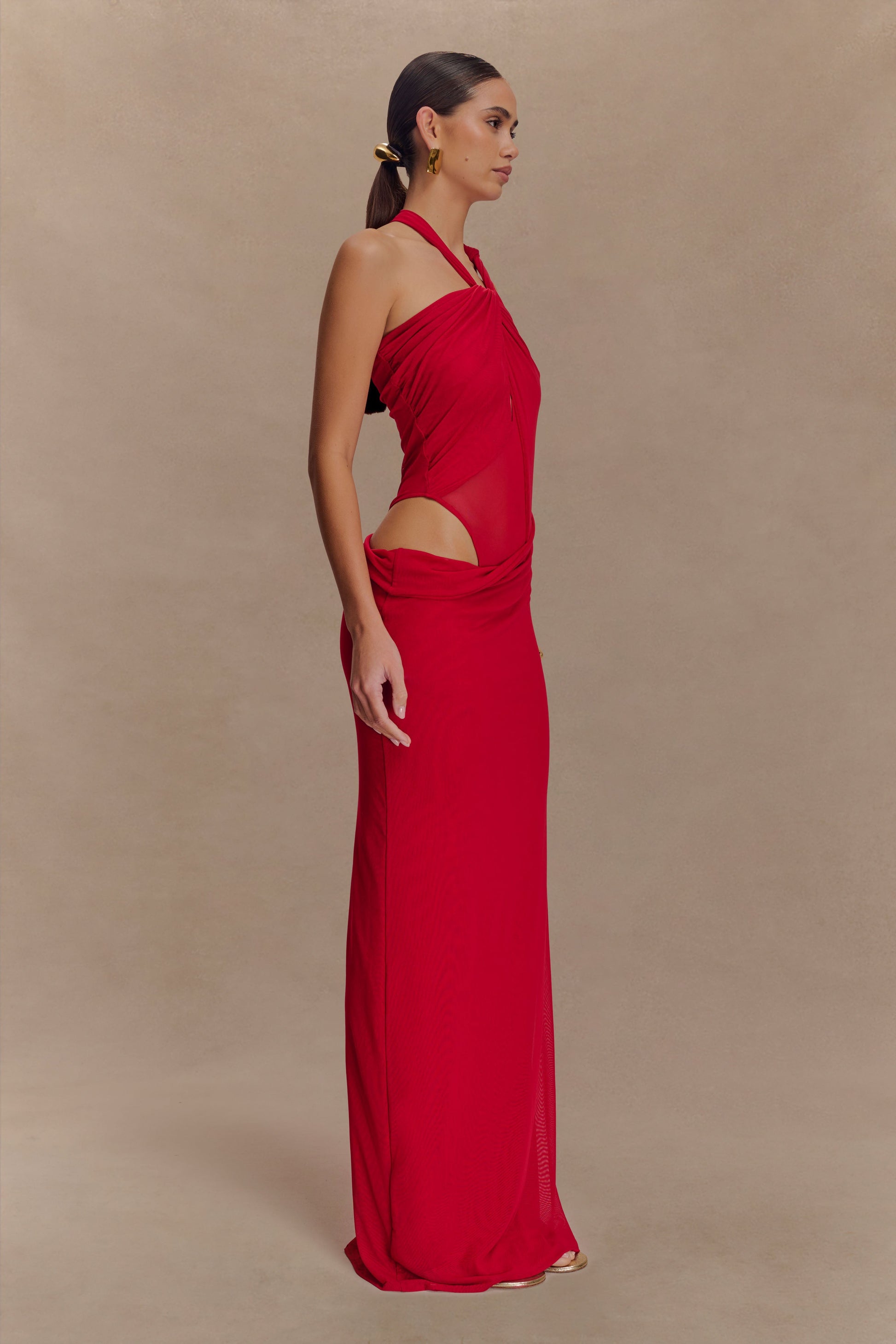 Edwina Knotted Mesh Maxi Dress - Red #6