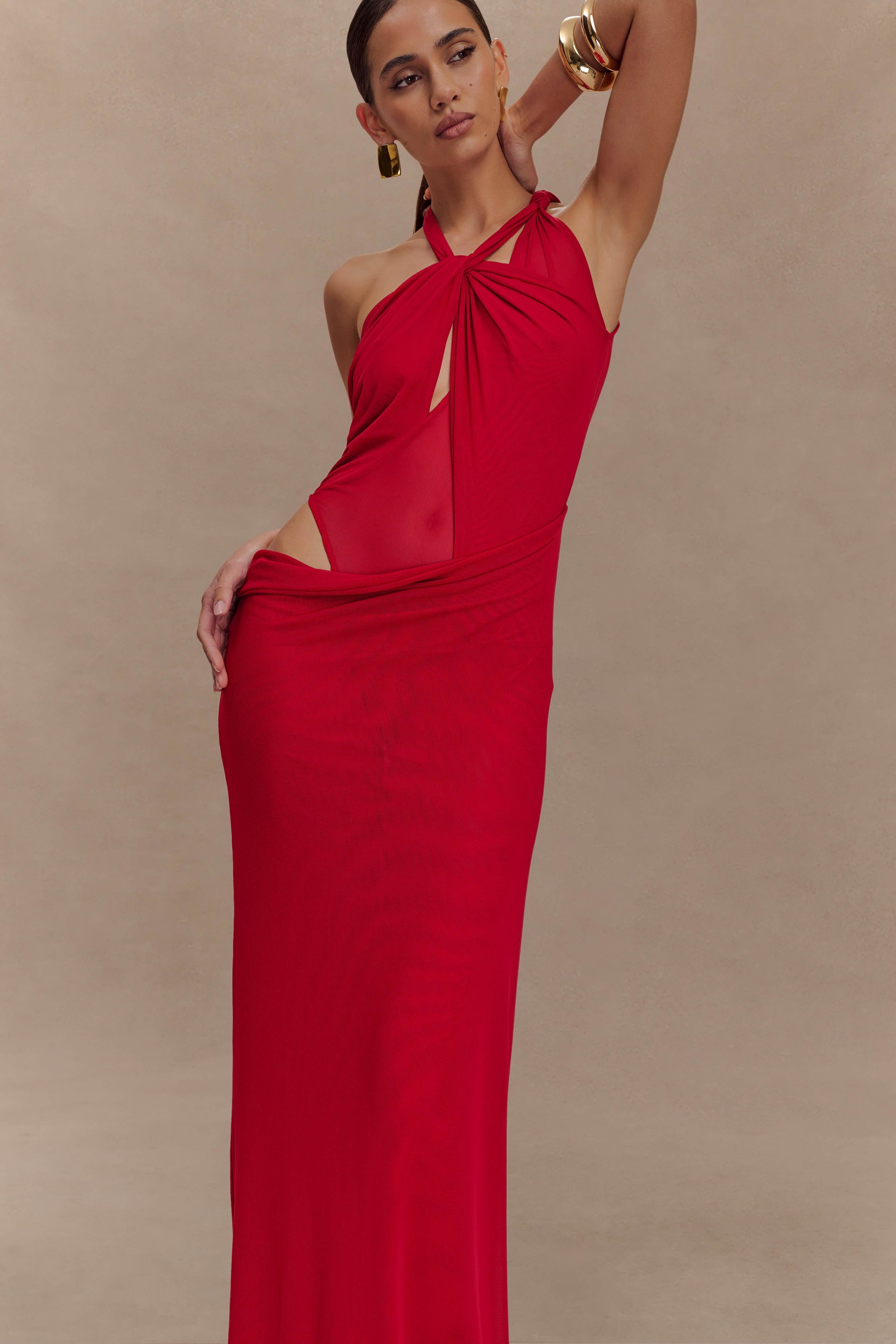 Edwina Knotted Mesh Maxi Dress - Red #8
