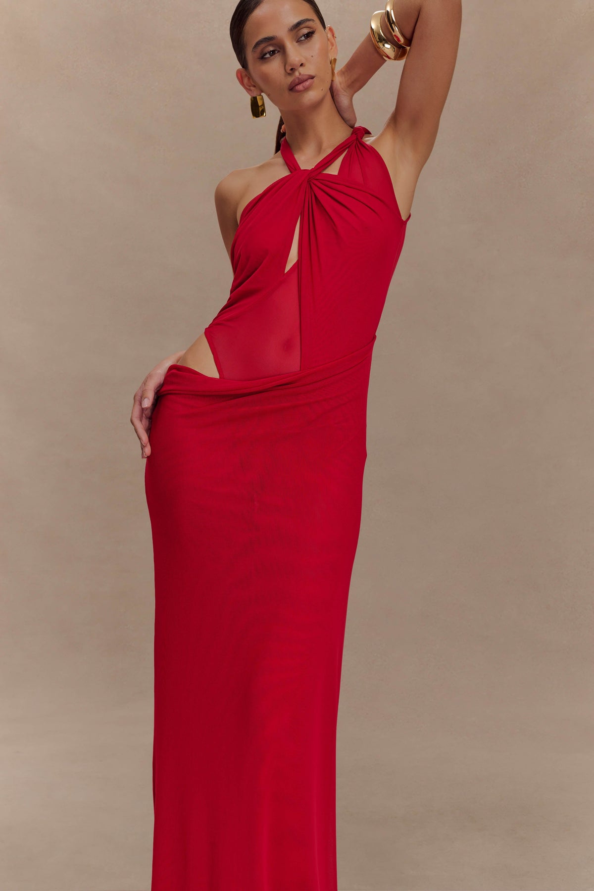Edwina Knotted Mesh Maxi Dress - Red #8