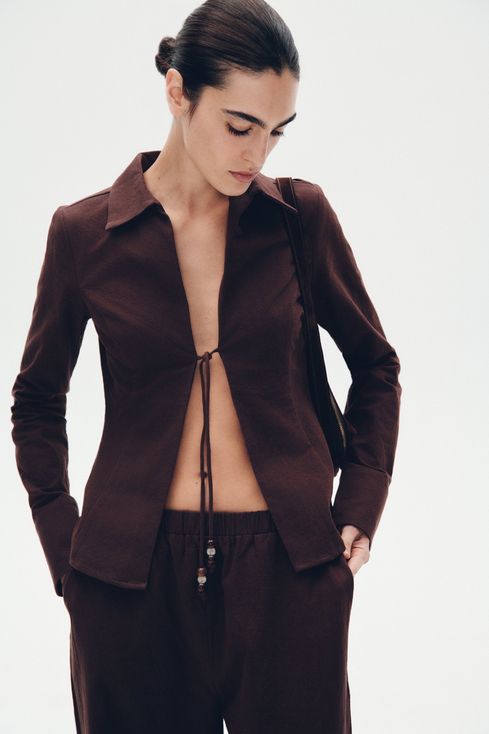 Annalee Cotton Beaded Tie Shirt - Dark Espresso #3