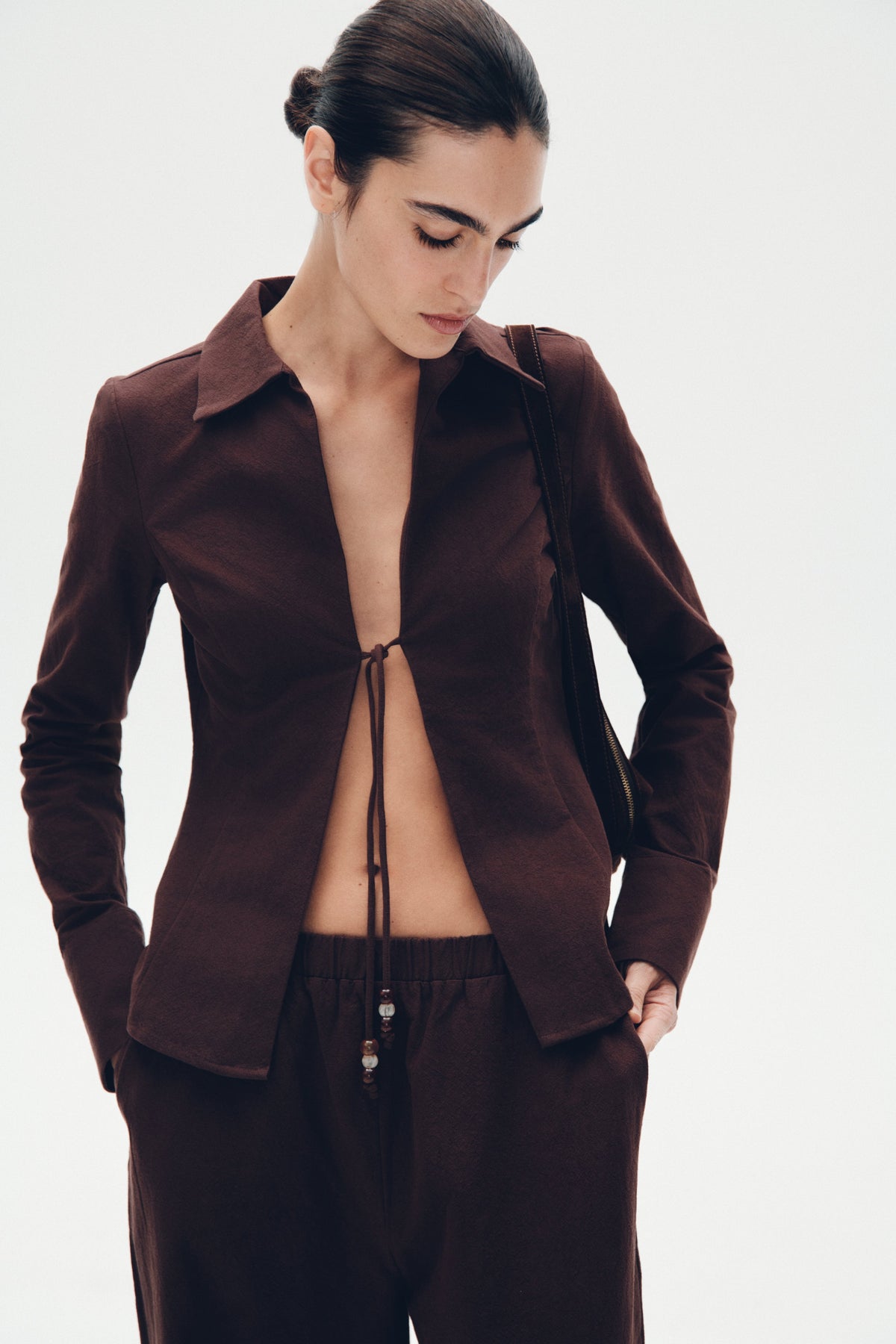 Annalee Cotton Beaded Tie Shirt - Dark Espresso #3