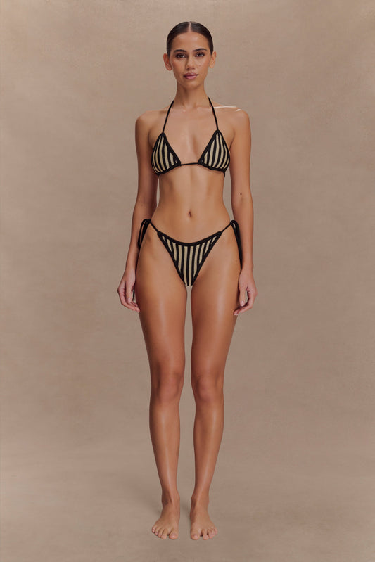 Corrie Crochet Tie Up Bikini Bottom - Black And Neutral Stripe