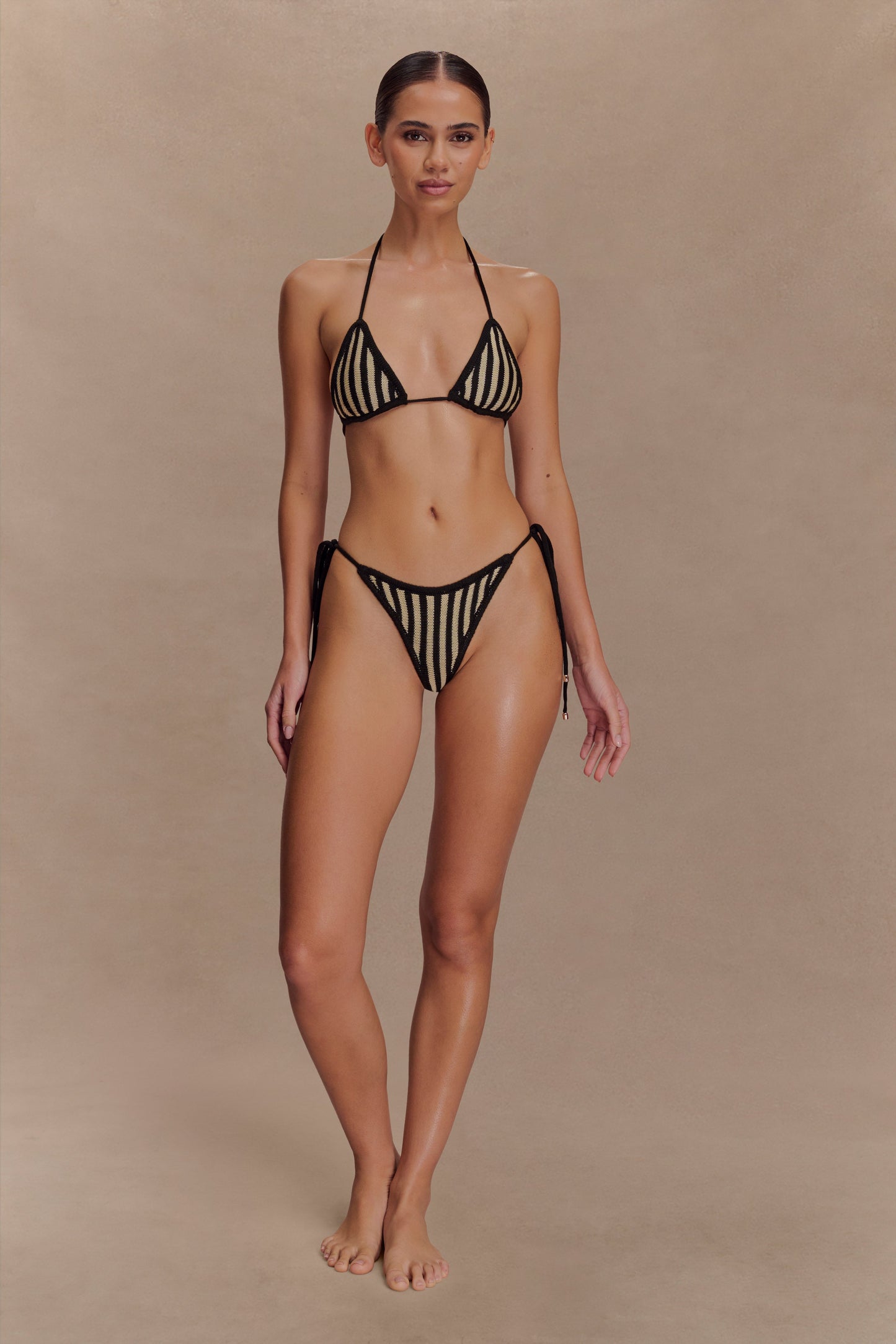 Corrie Crochet Tie Up Bikini Top - Black And Neutral Stripe