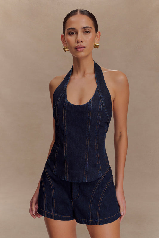 Meadow Denim Corset Halter Top - Indigo Blue