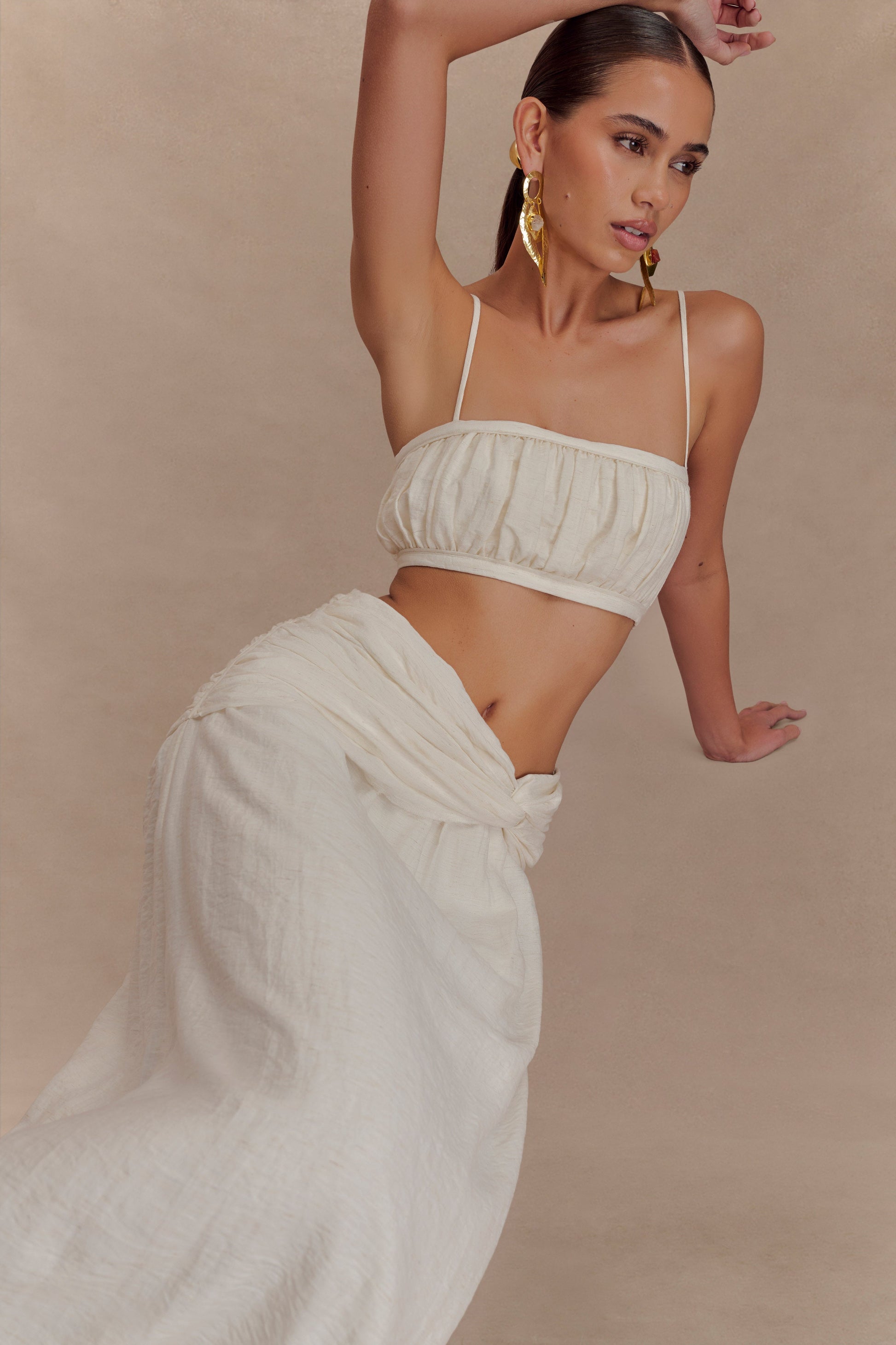 Scottie Gathered Linen Knot Maxi Skirt - Oat Marle #3