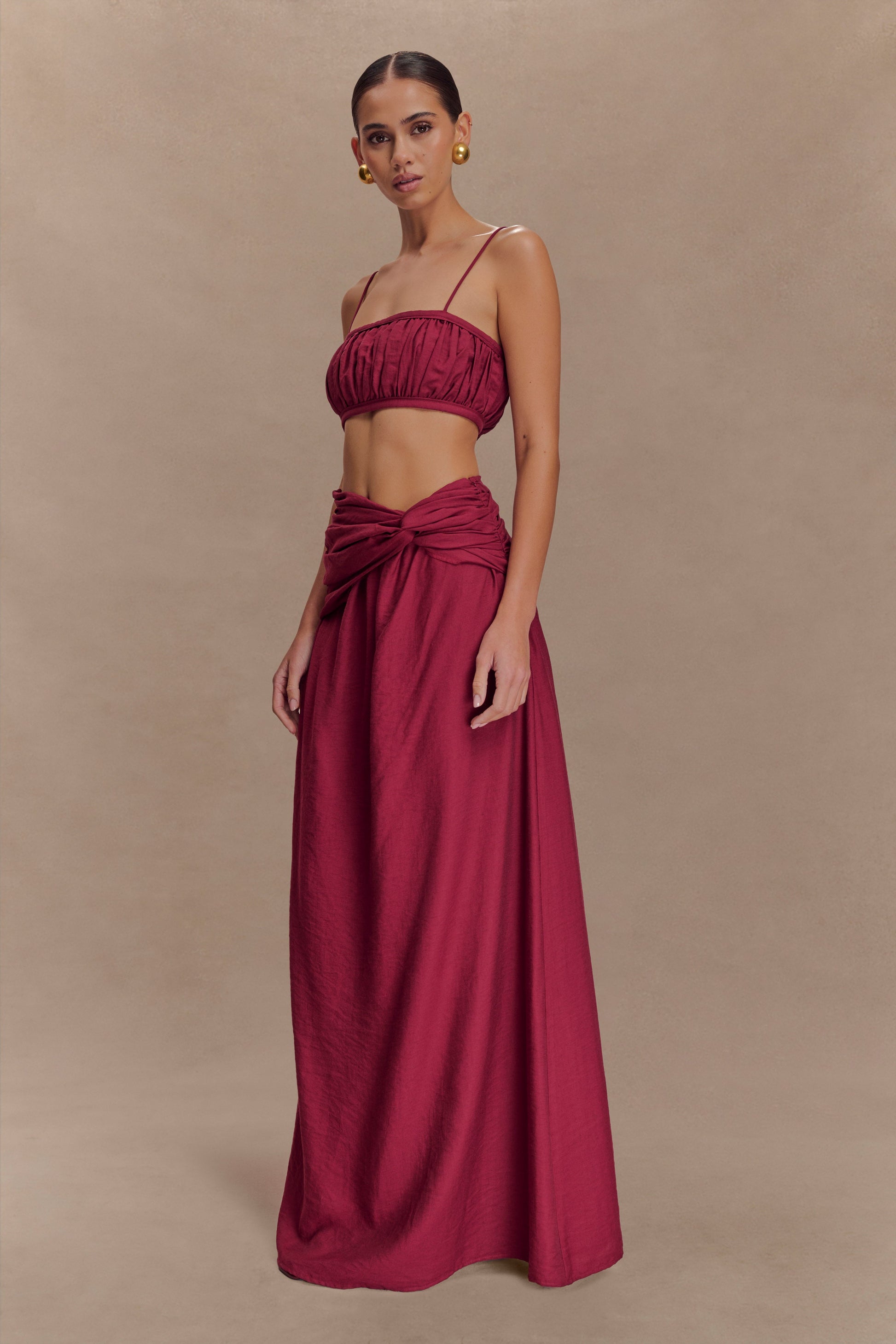 Scottie Gathered Linen Knot Maxi Skirt - Wine #2