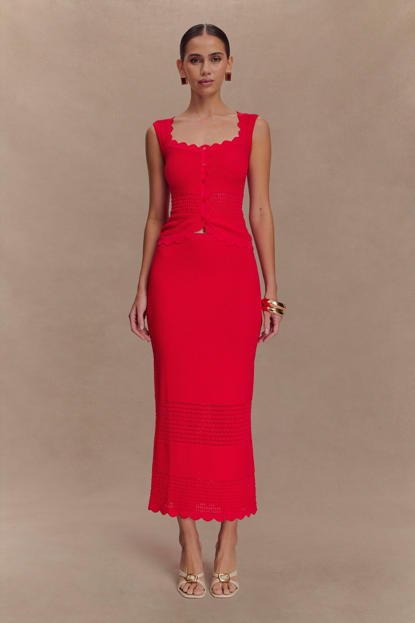 Madeline Scallop Knit Midi Skirt - Red