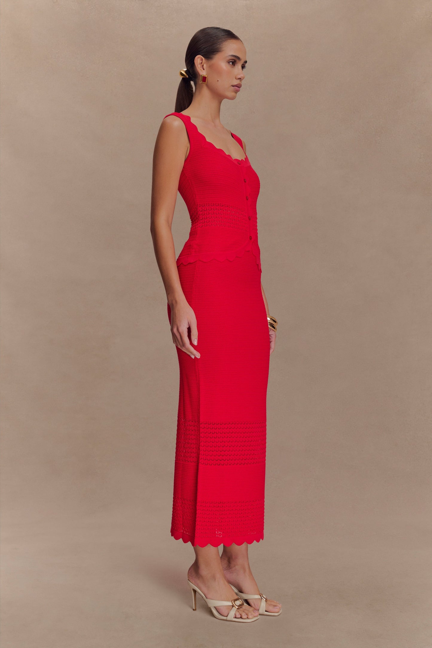 Madeline Scallop Knit Midi Skirt - Red