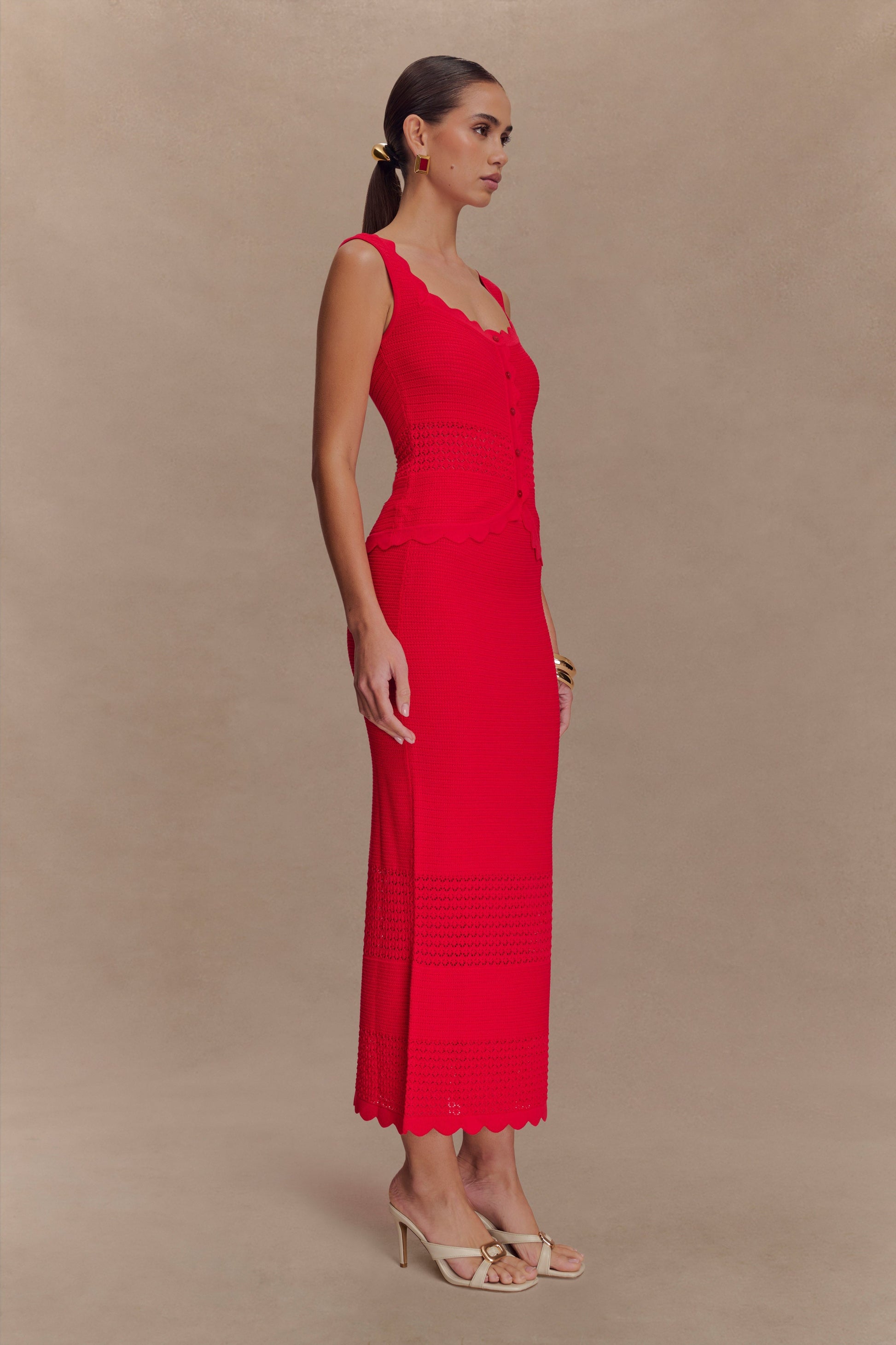 Madeline Scallop Knit Midi Skirt - Red #4