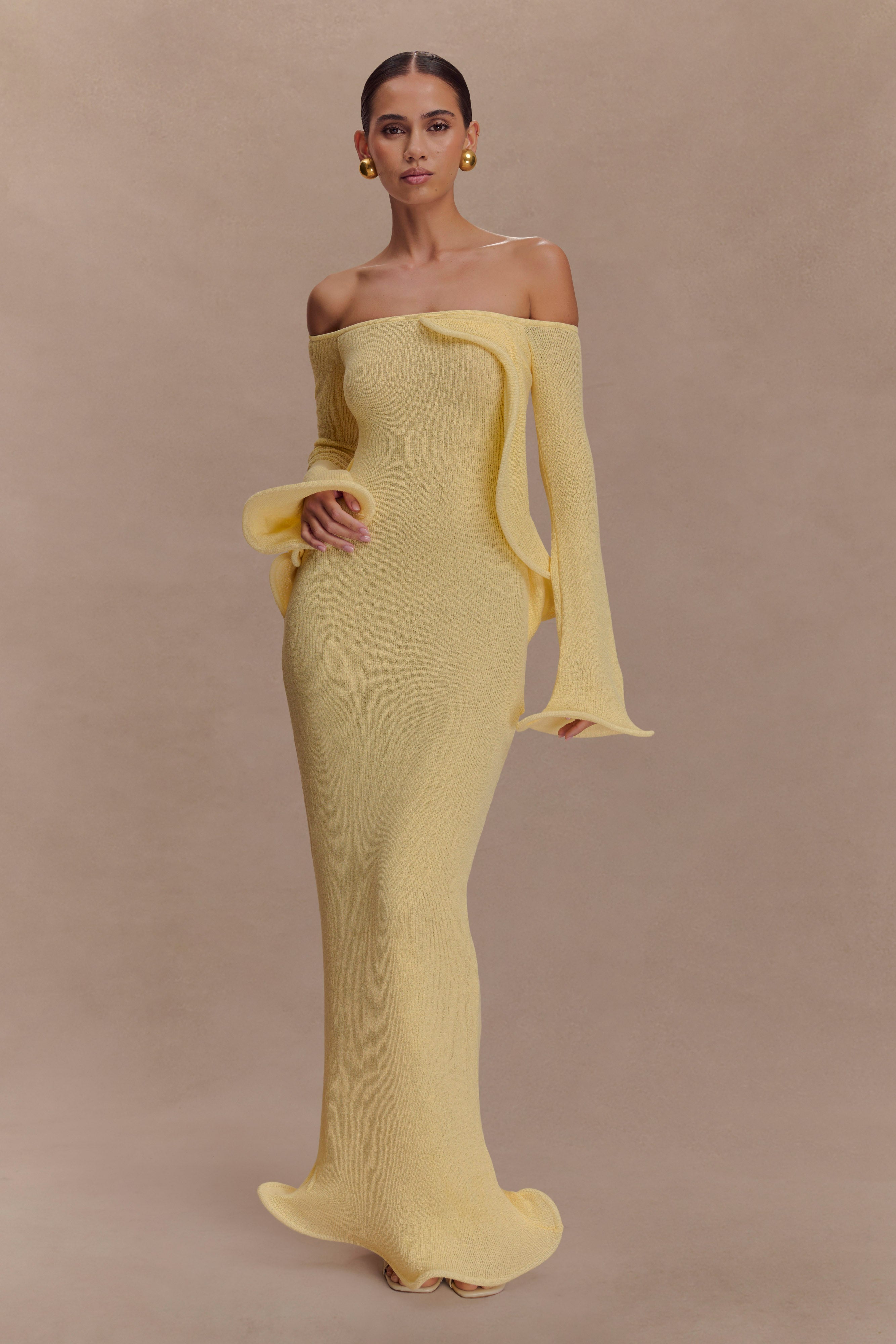 Sandrine Off Shoulder Knit Maxi Dress - Lemon | MESHKI UK