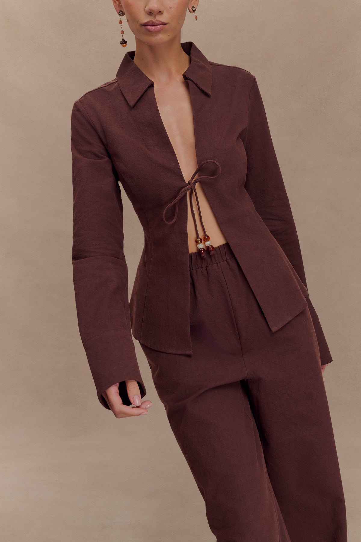Annalee Cotton Beaded Tie Shirt - Dark Espresso