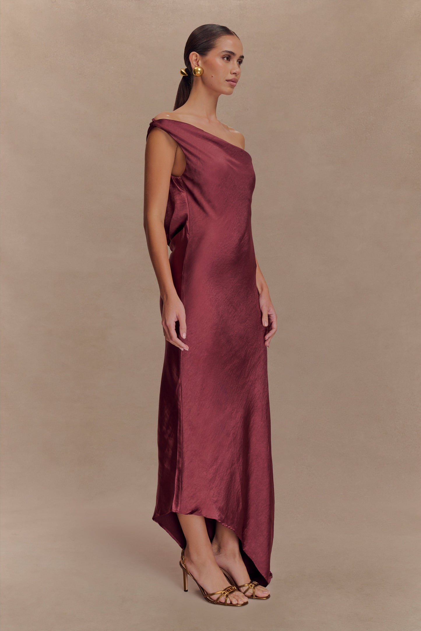 Yvette Slip Maxi Dress With Asymmetrical Hem - Brown Cherry