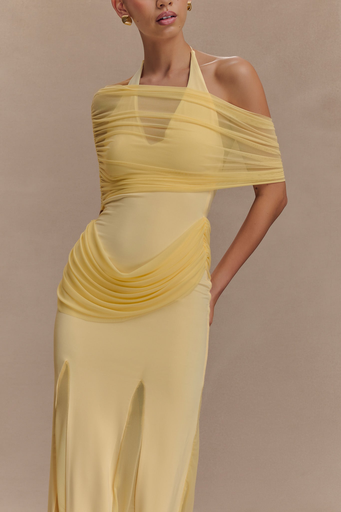 Gabrielle Slinky And Mesh Maxi Dress - Lemon #4