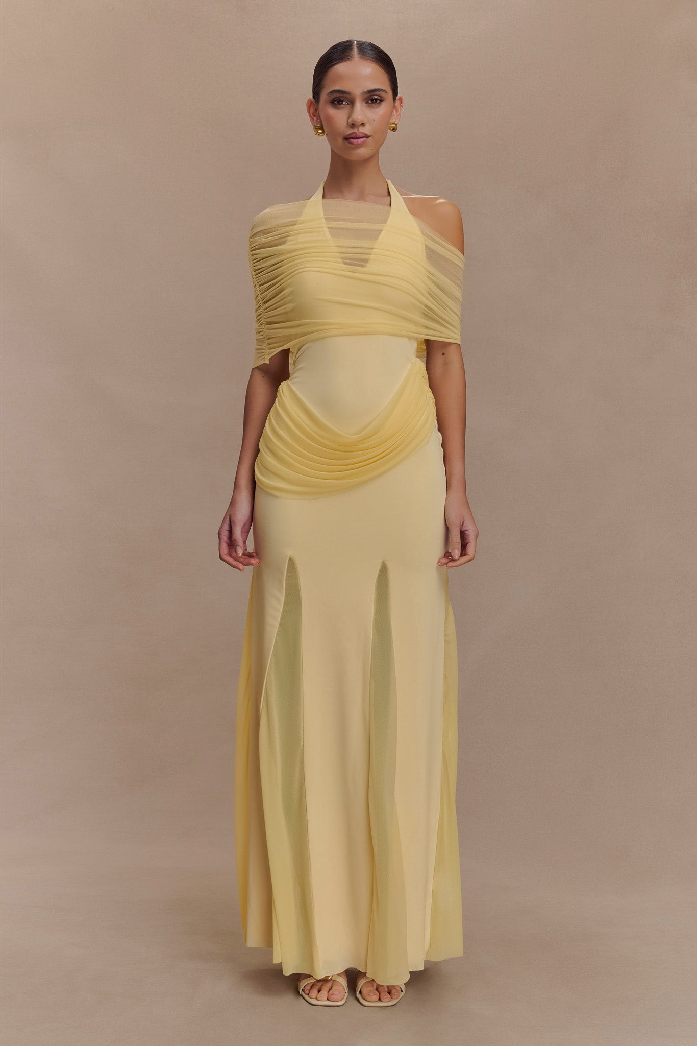 Gabrielle Slinky And Mesh Maxi Dress - Lemon #2