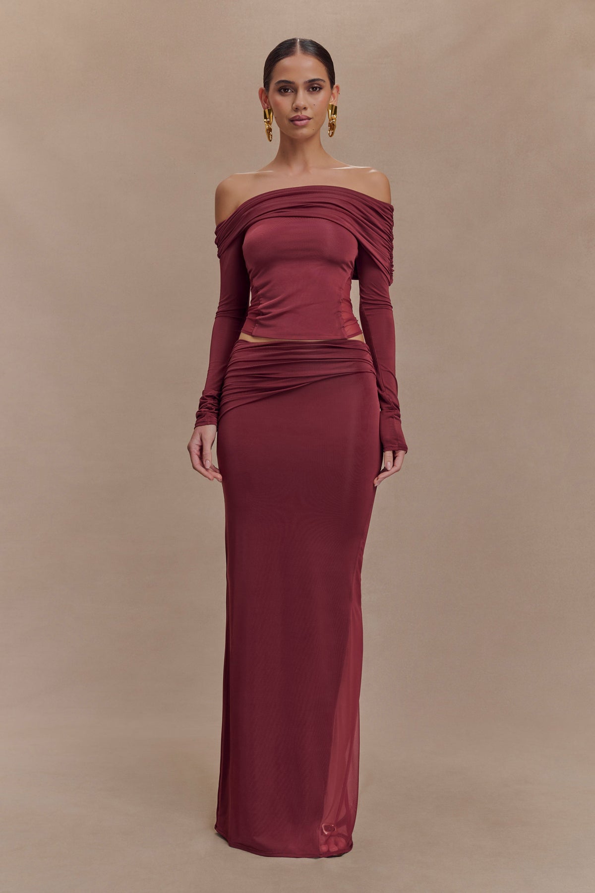 Judy Slinky And Mesh Maxi Skirt - Wine #3
