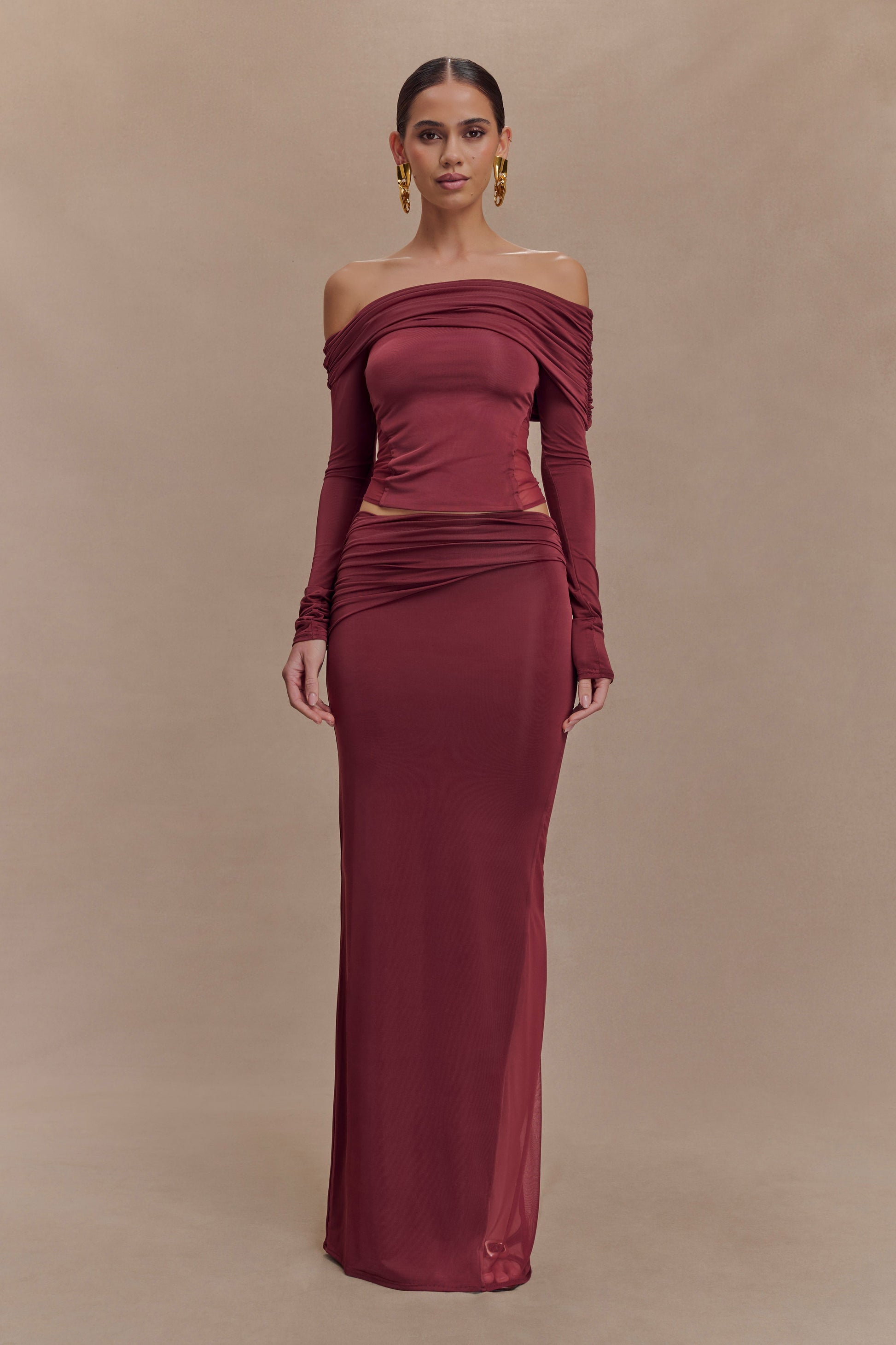 Judy Slinky And Mesh Off Shoulder Top - Wine #4