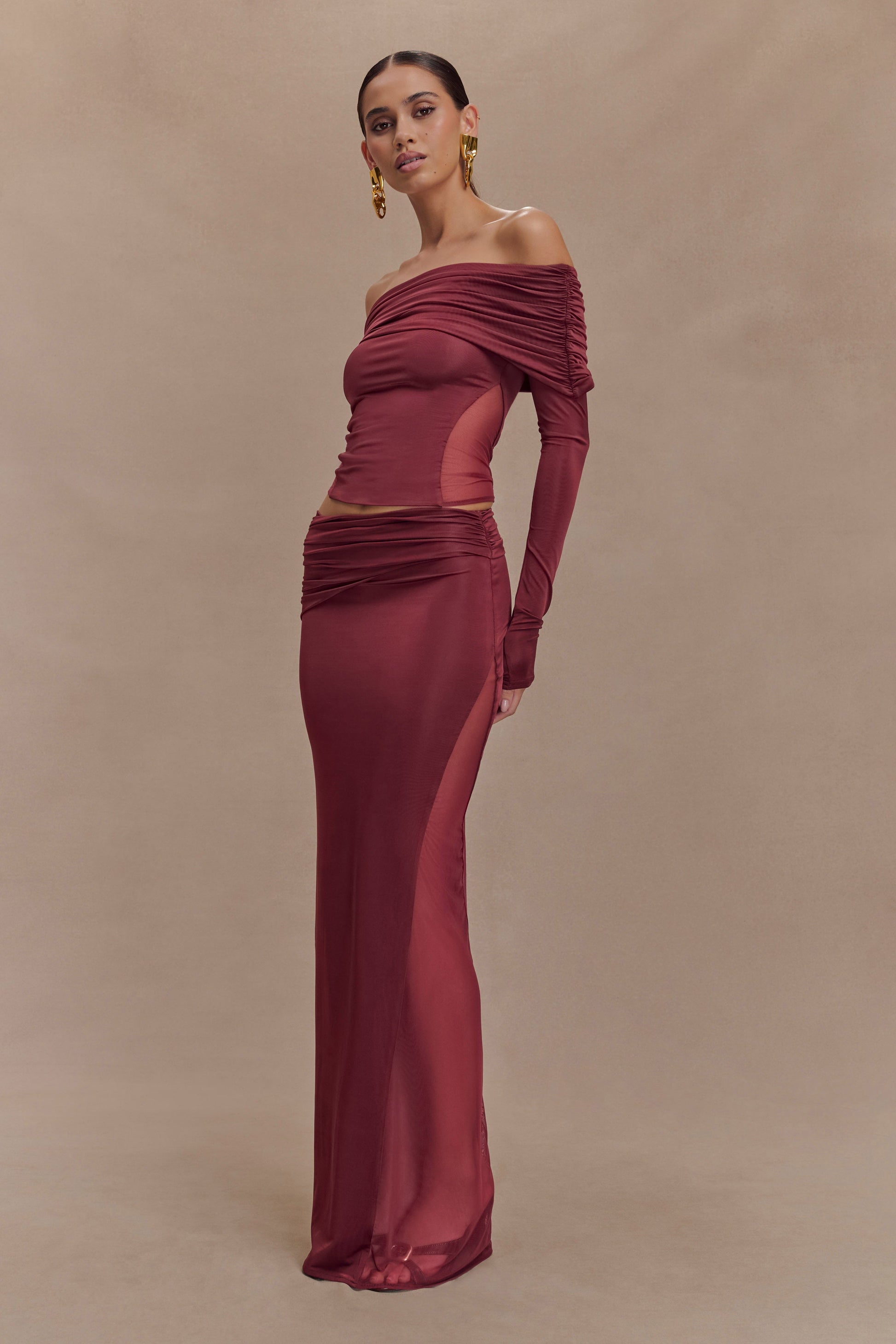 Judy Slinky And Mesh Off Shoulder Top - Wine #2