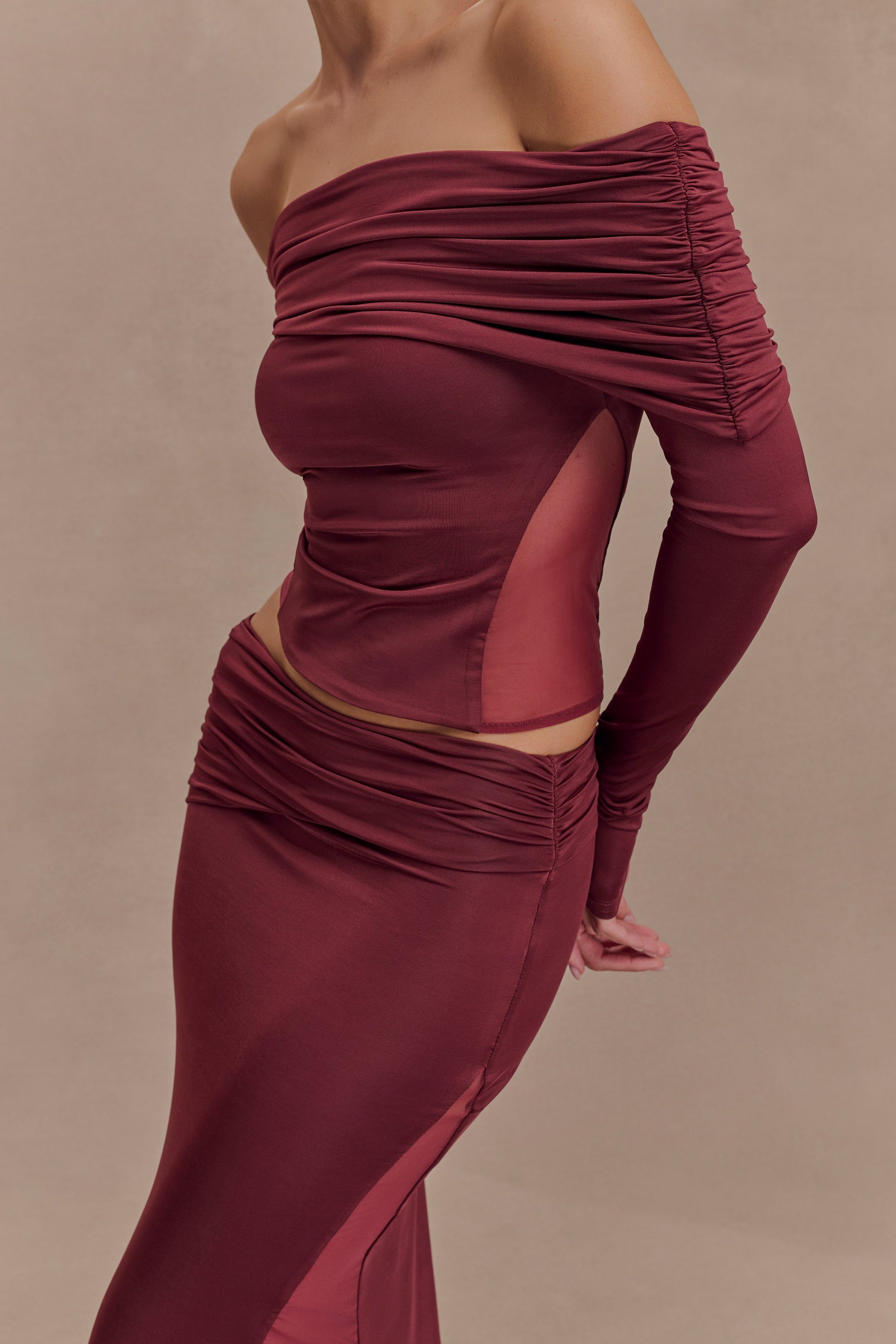 Judy Slinky And Mesh Off Shoulder Top - Wine
