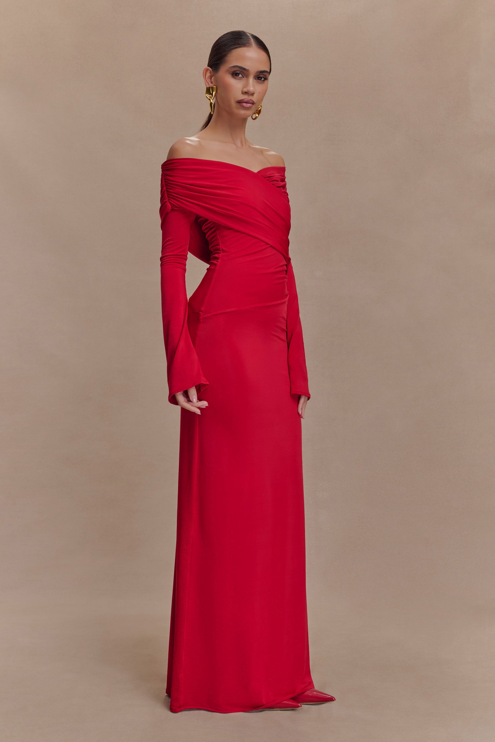 Therese Off Shoulder Ruched Maxi Dress - Red #5