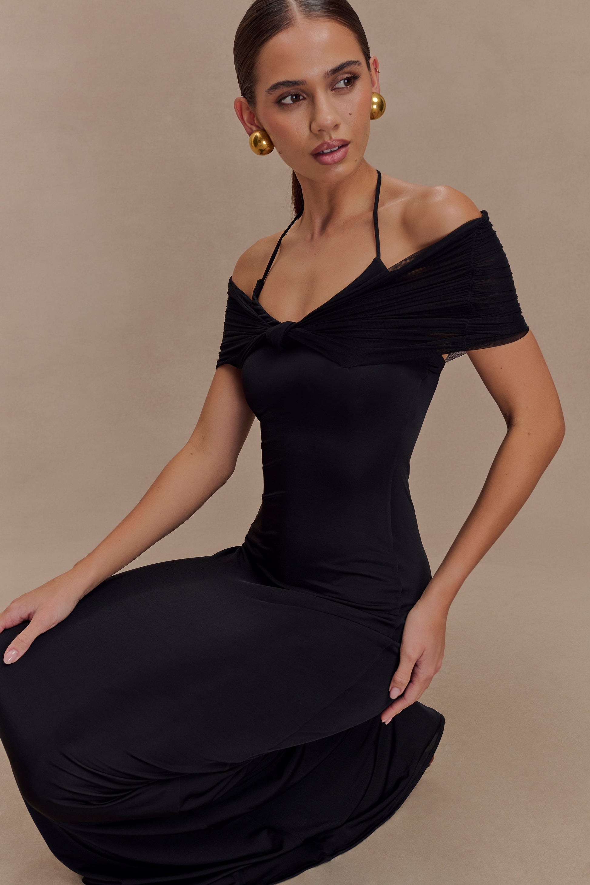 Bernadina Mesh And Slinky Halter Maxi Dress - Black #3