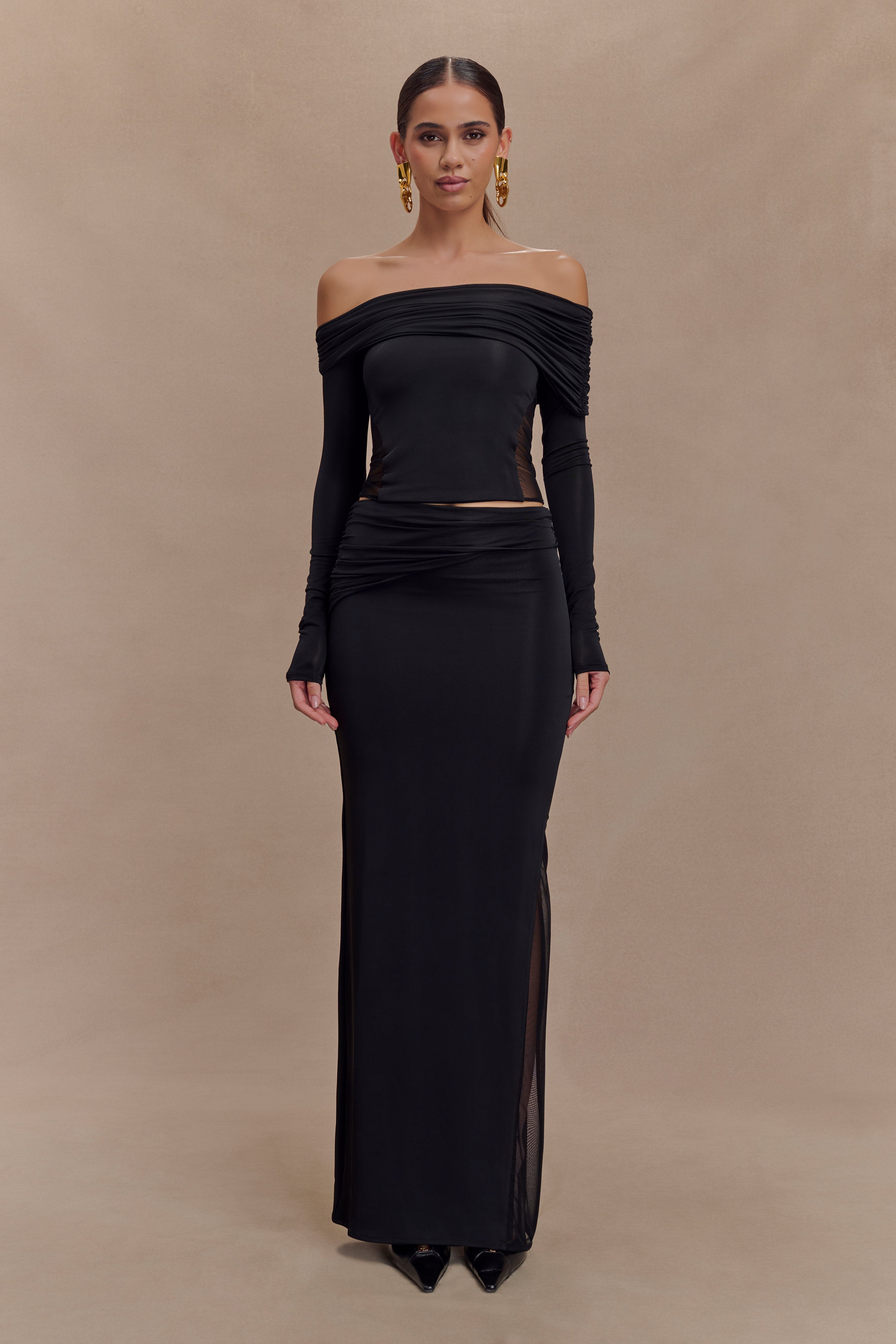 Judy Slinky And Mesh Off Shoulder Top - Black | MESHKI UK