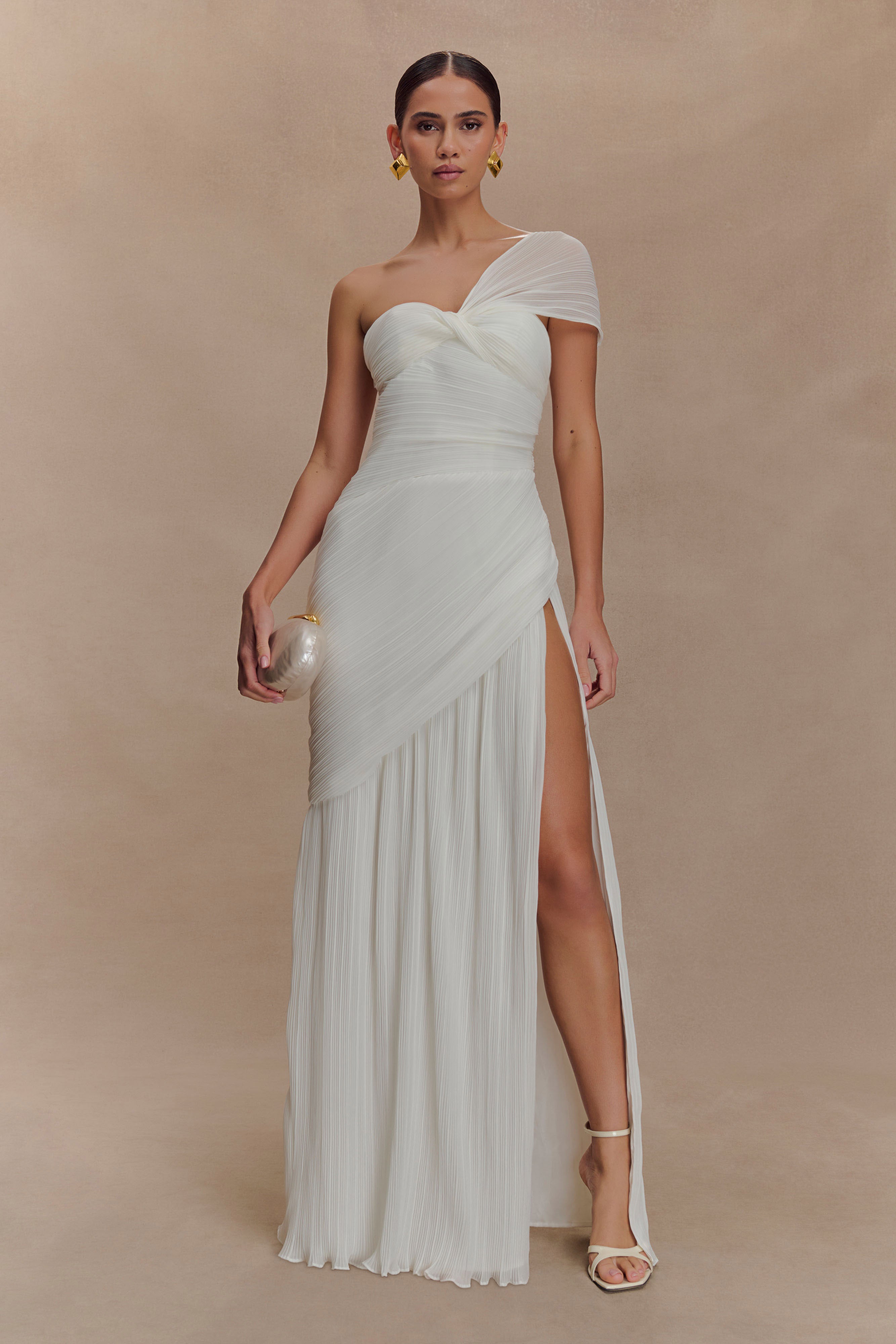 Tamara Shirred Chiffon Midi Dress White MESHKI UK