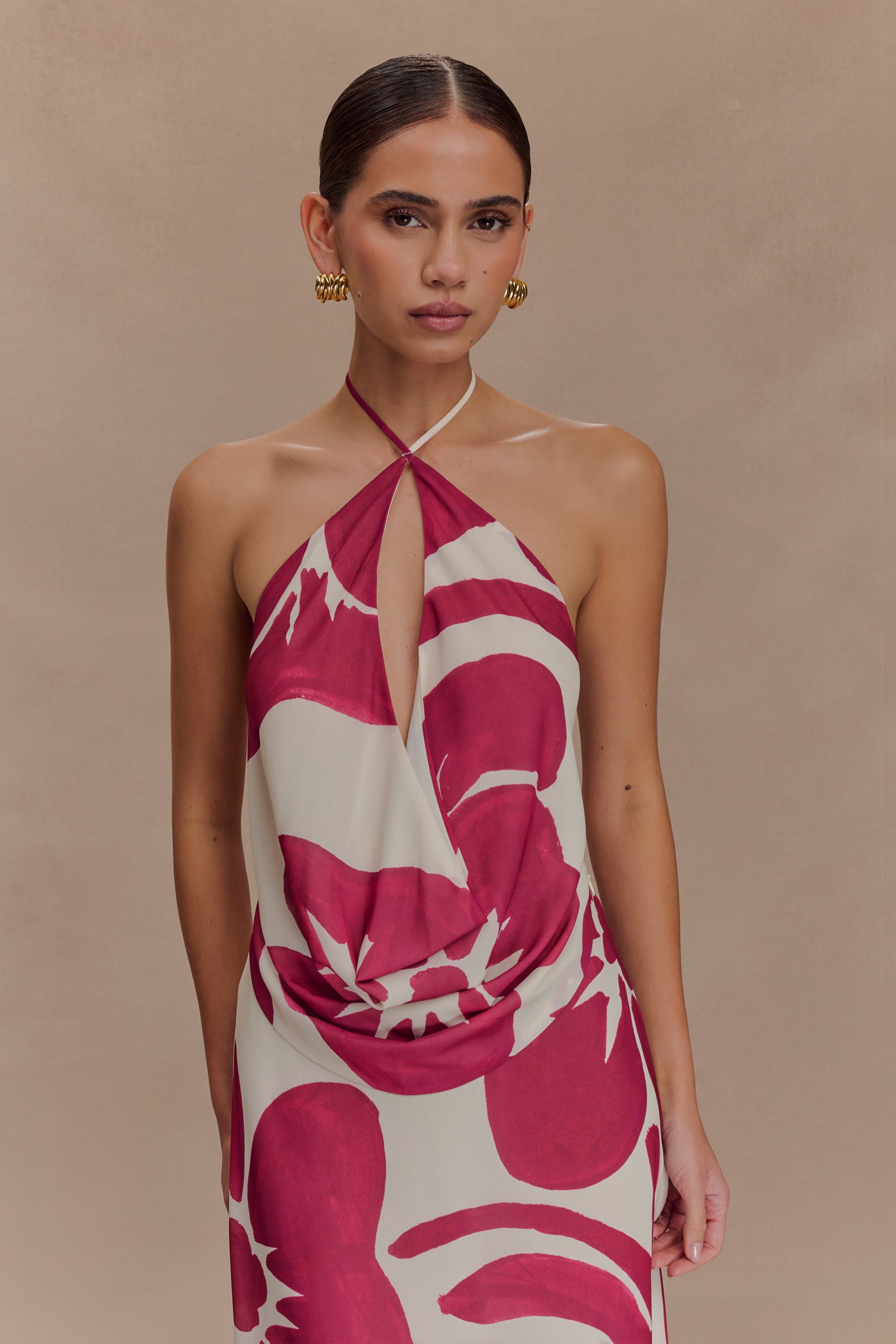 Katalina Chiffon Cowl Halter Top - Red Deco Fleur Print