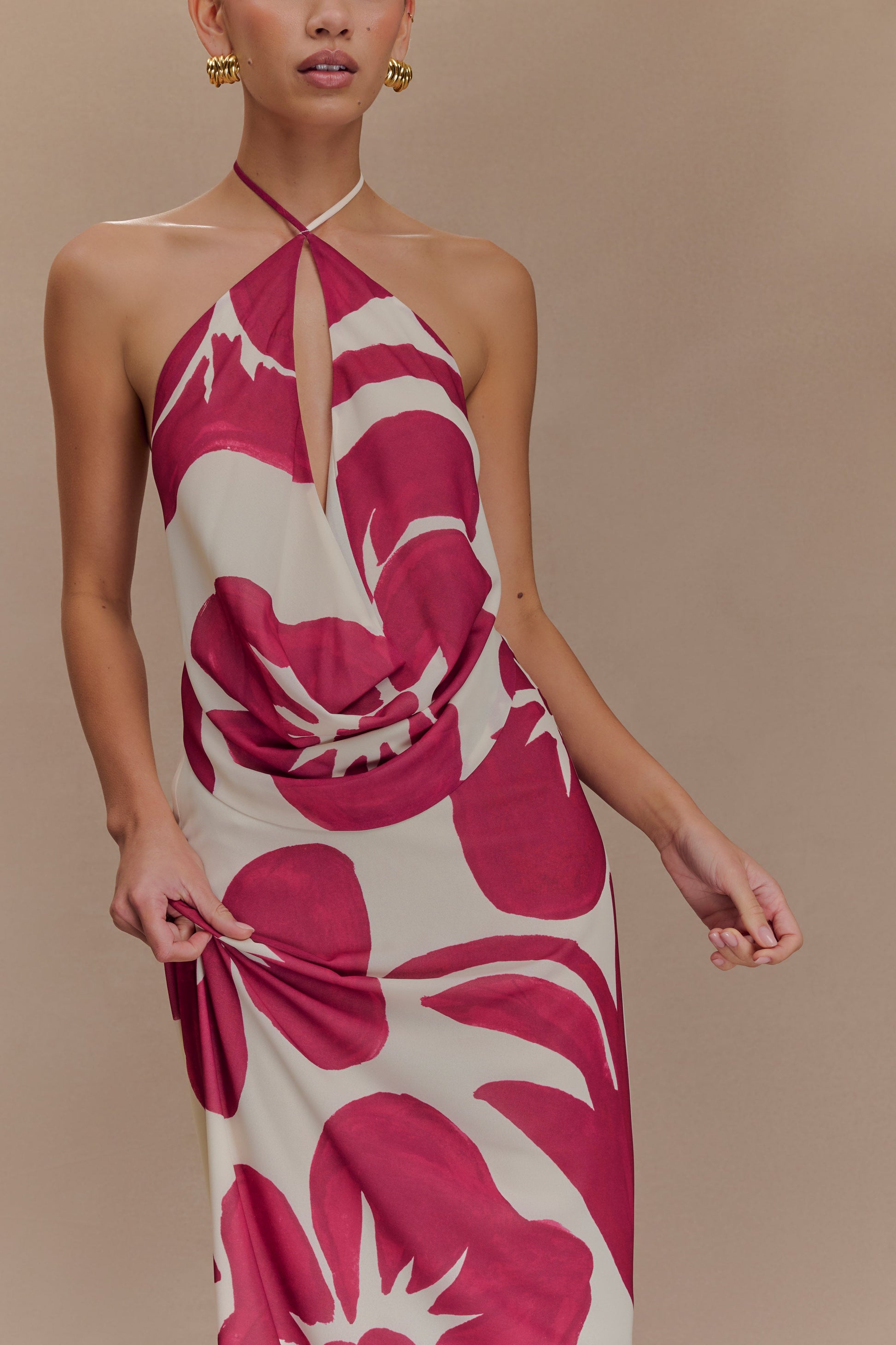 Katalina Chiffon Cowl Halter Top - Red Deco Fleur Print #5