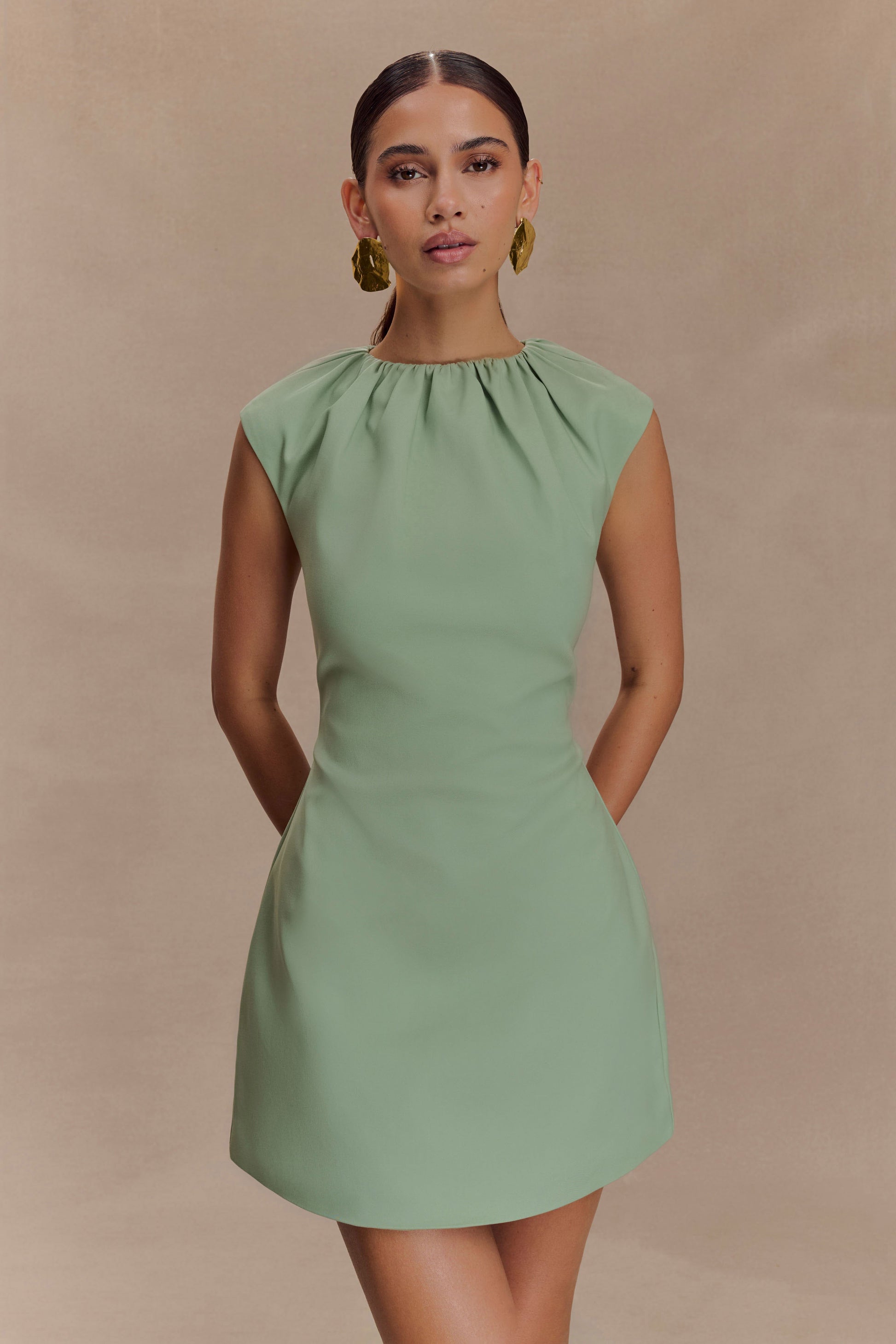 Ariana Pleated Neck Mini Dress - Sage #6