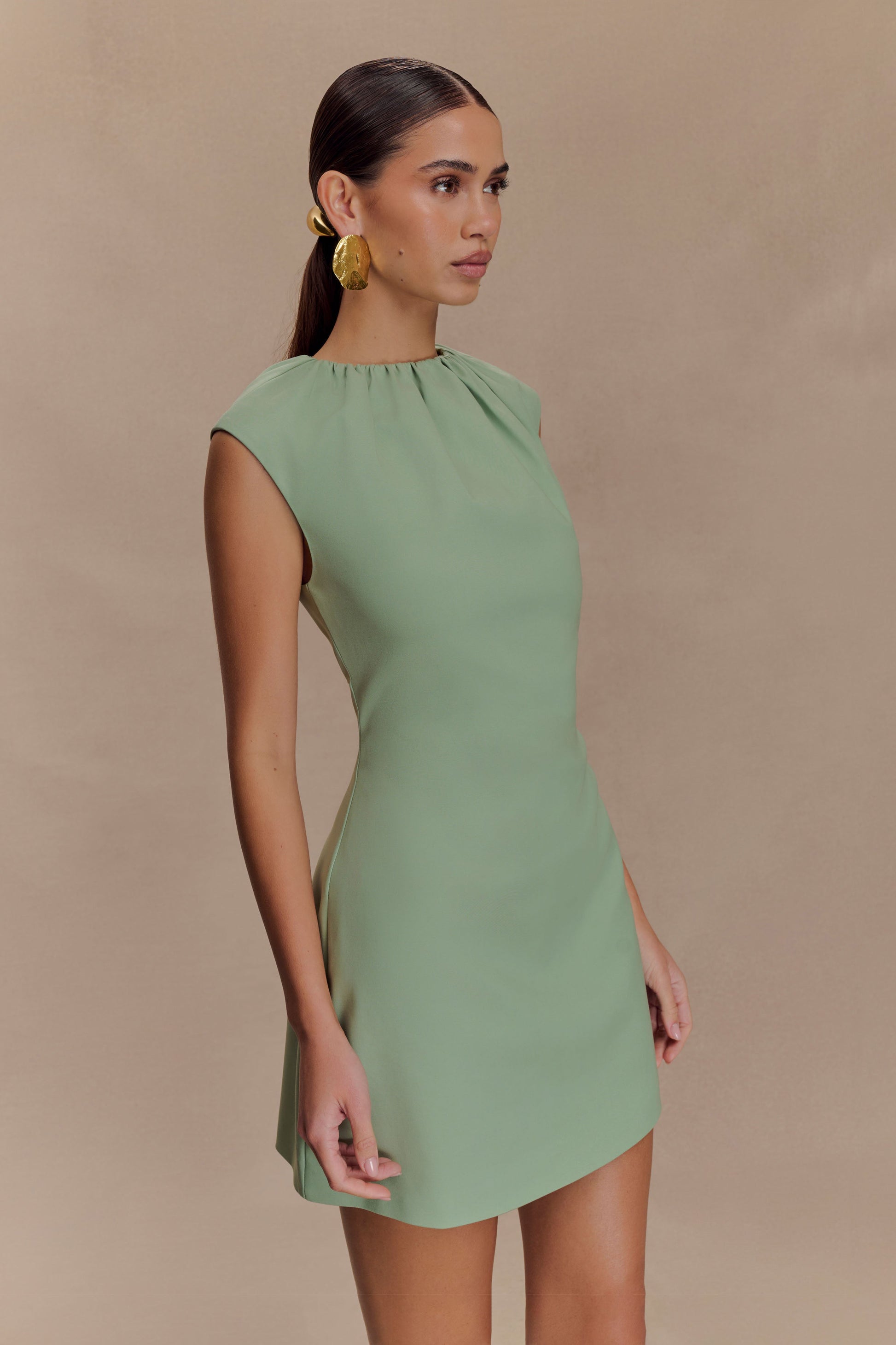 Ariana Pleated Neck Mini Dress - Sage #4