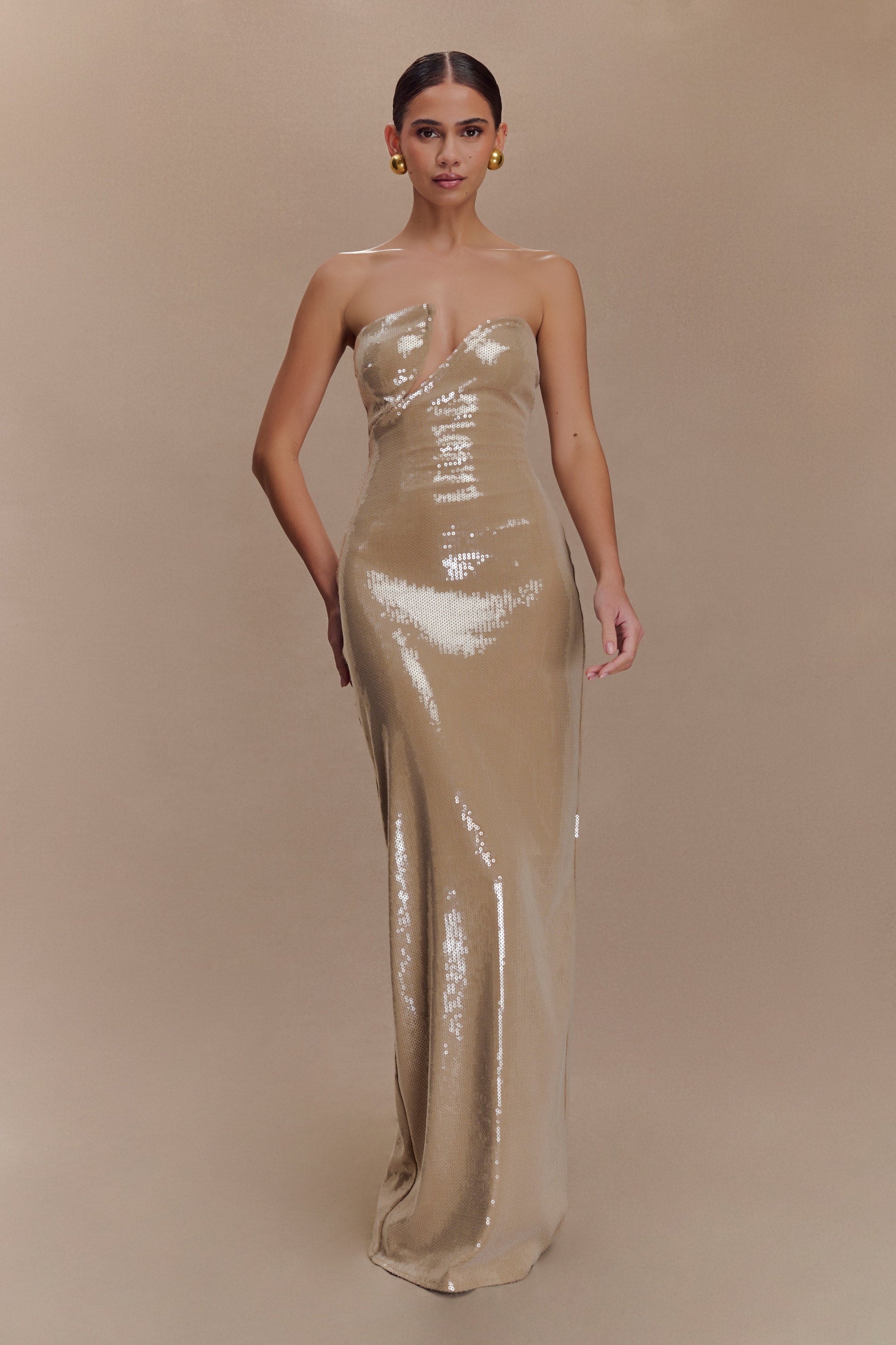 Winston Strapless Sequin Maxi Dress - Taupe | MESHKI UK Winston Strapless Sequin Maxi Dress - Taupe | MESHKI UK