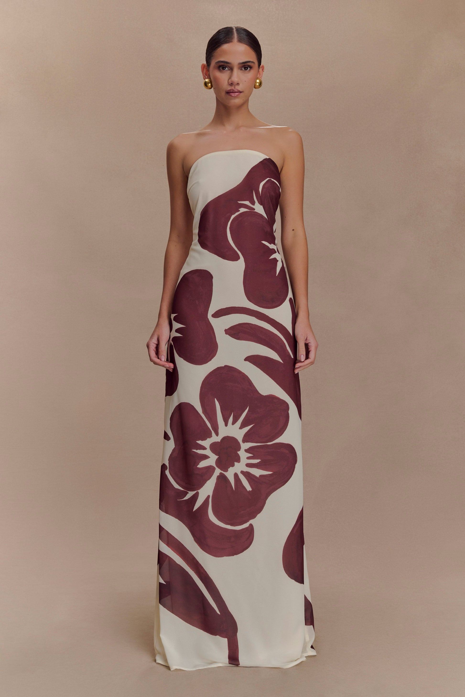Amaya Strapless Chiffon Maxi Dress - Brown Deco Fleur Print