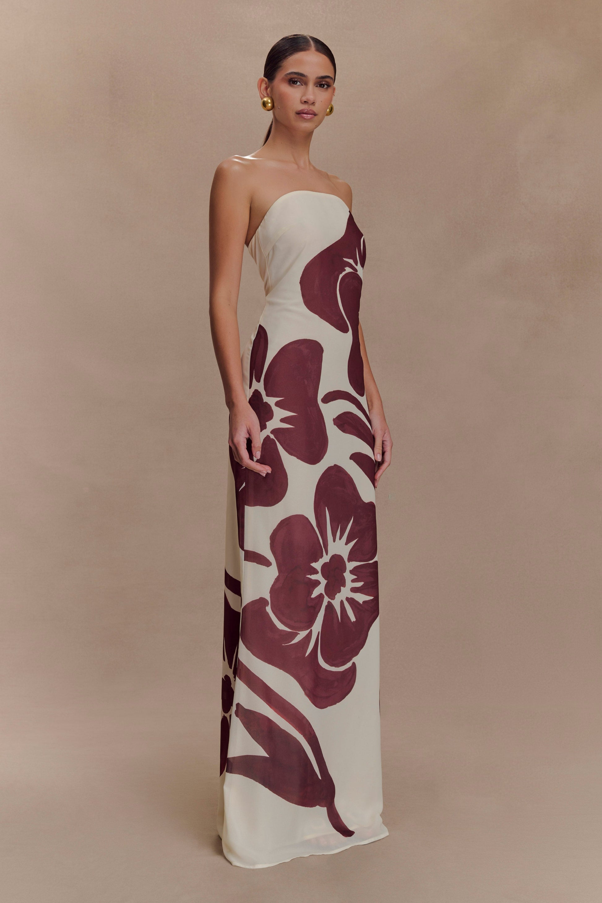 Amaya Strapless Chiffon Maxi Dress - Brown Deco Fleur Print #4