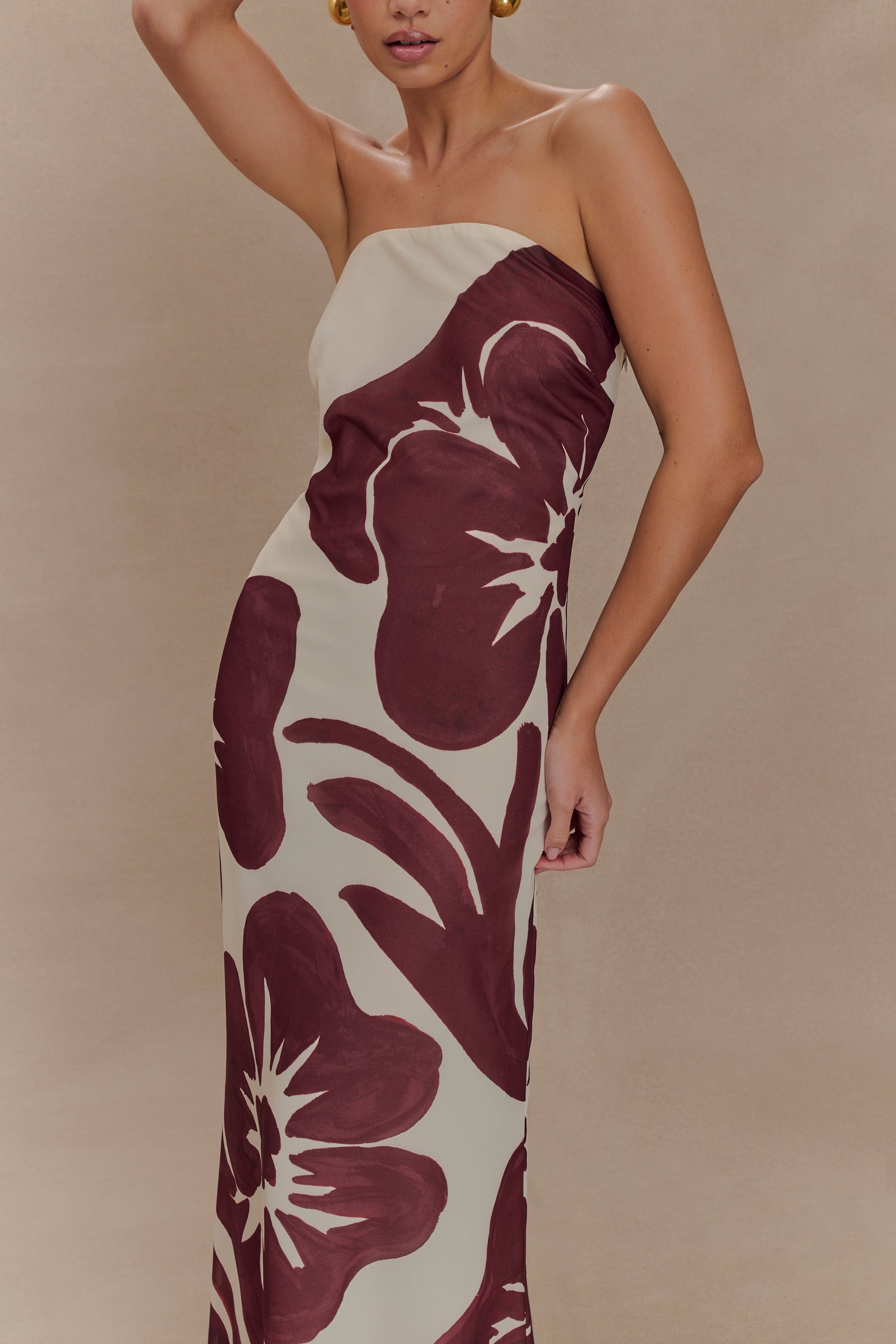 Amaya Strapless Chiffon Maxi Dress - Brown Deco Fleur Print #3