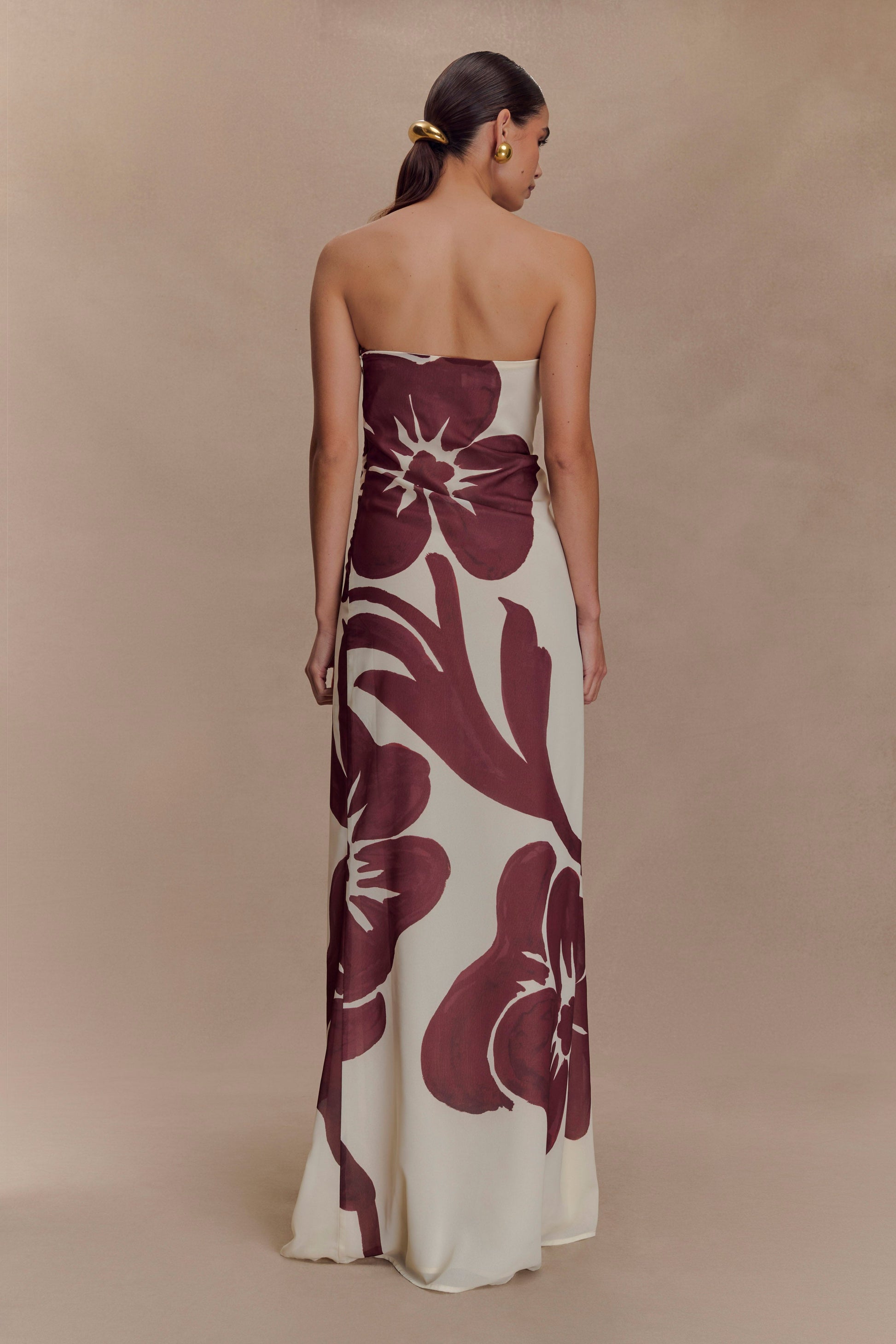 Amaya Strapless Chiffon Maxi Dress - Brown Deco Fleur Print #2