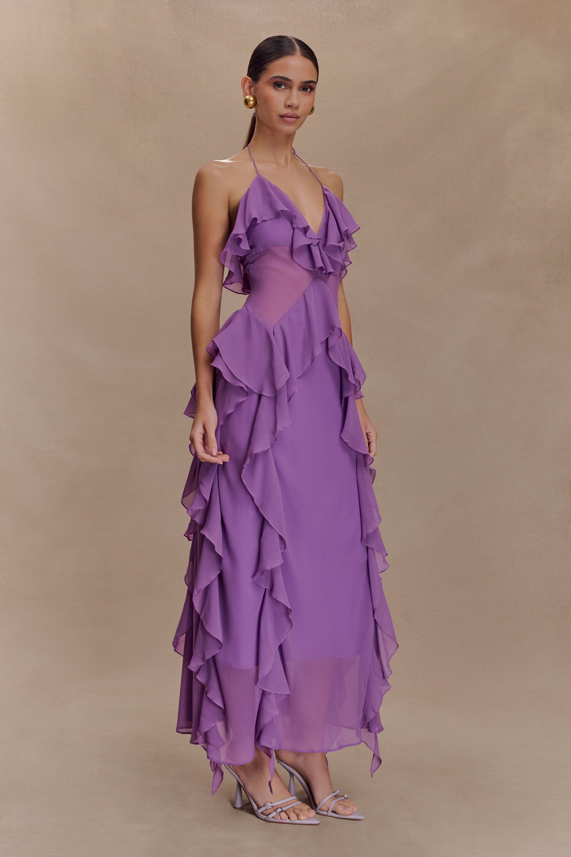 Aleyna Chiffon Ruffle Midi Dress - Purple #4