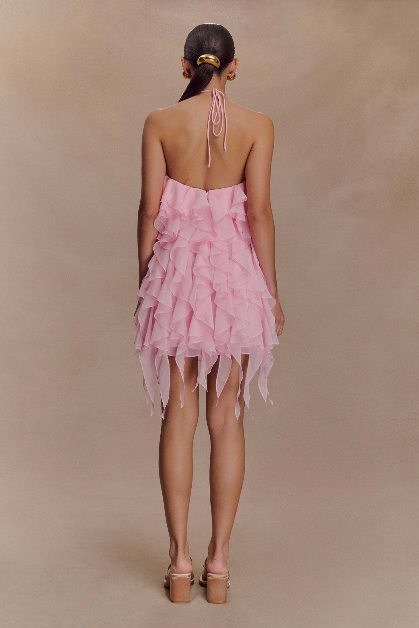 Marigold Ruffle Halter Mini Dress - Powder Pink