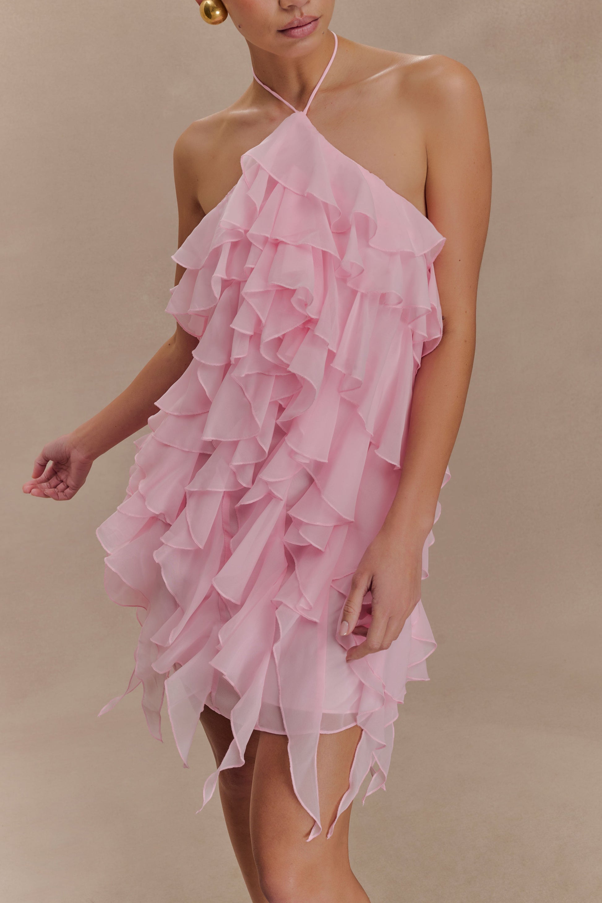 Marigold Ruffle Halter Mini Dress - Powder Pink #3