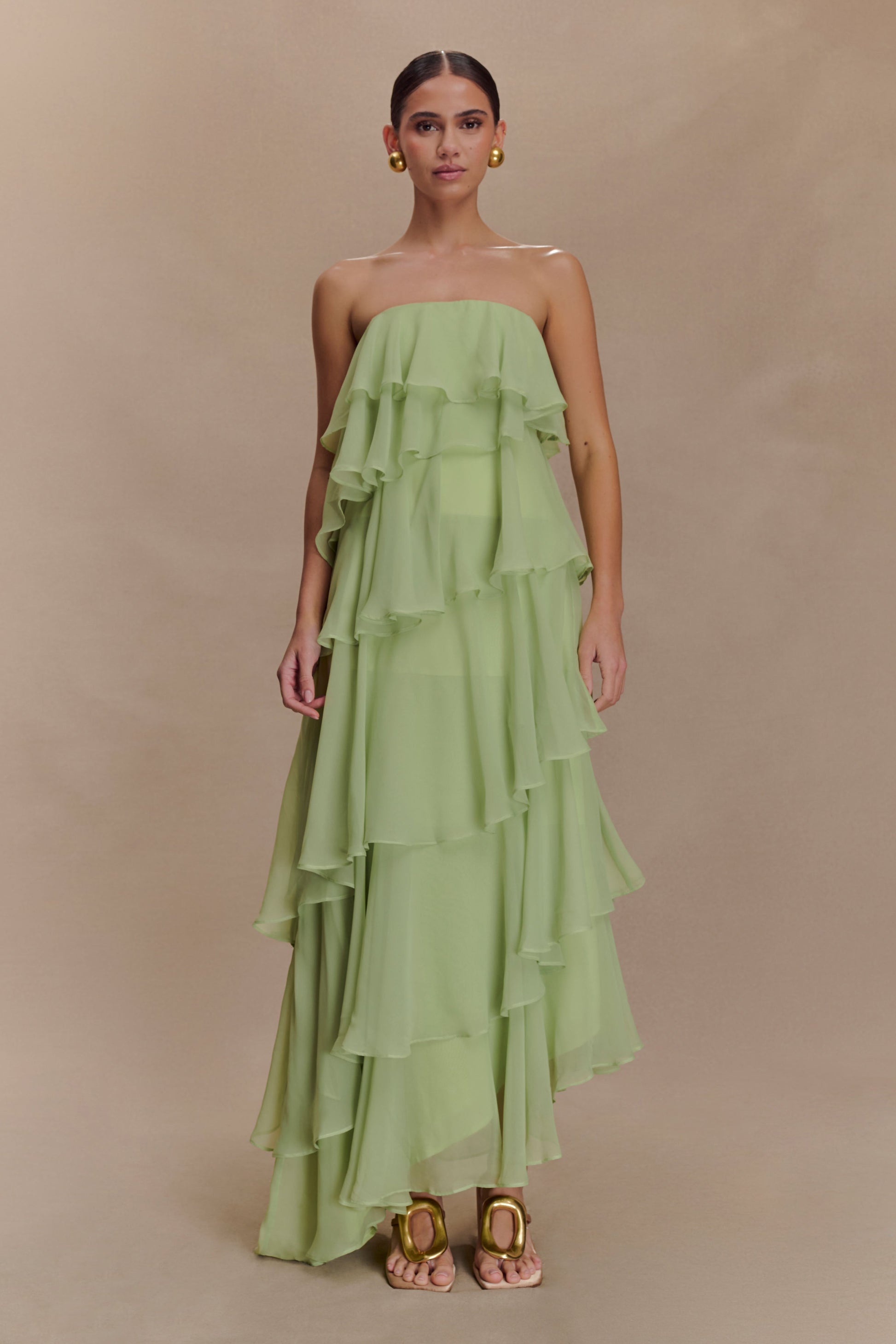 Alexa Ruffle Chiffon Maxi Dress - Pastel Lime #2