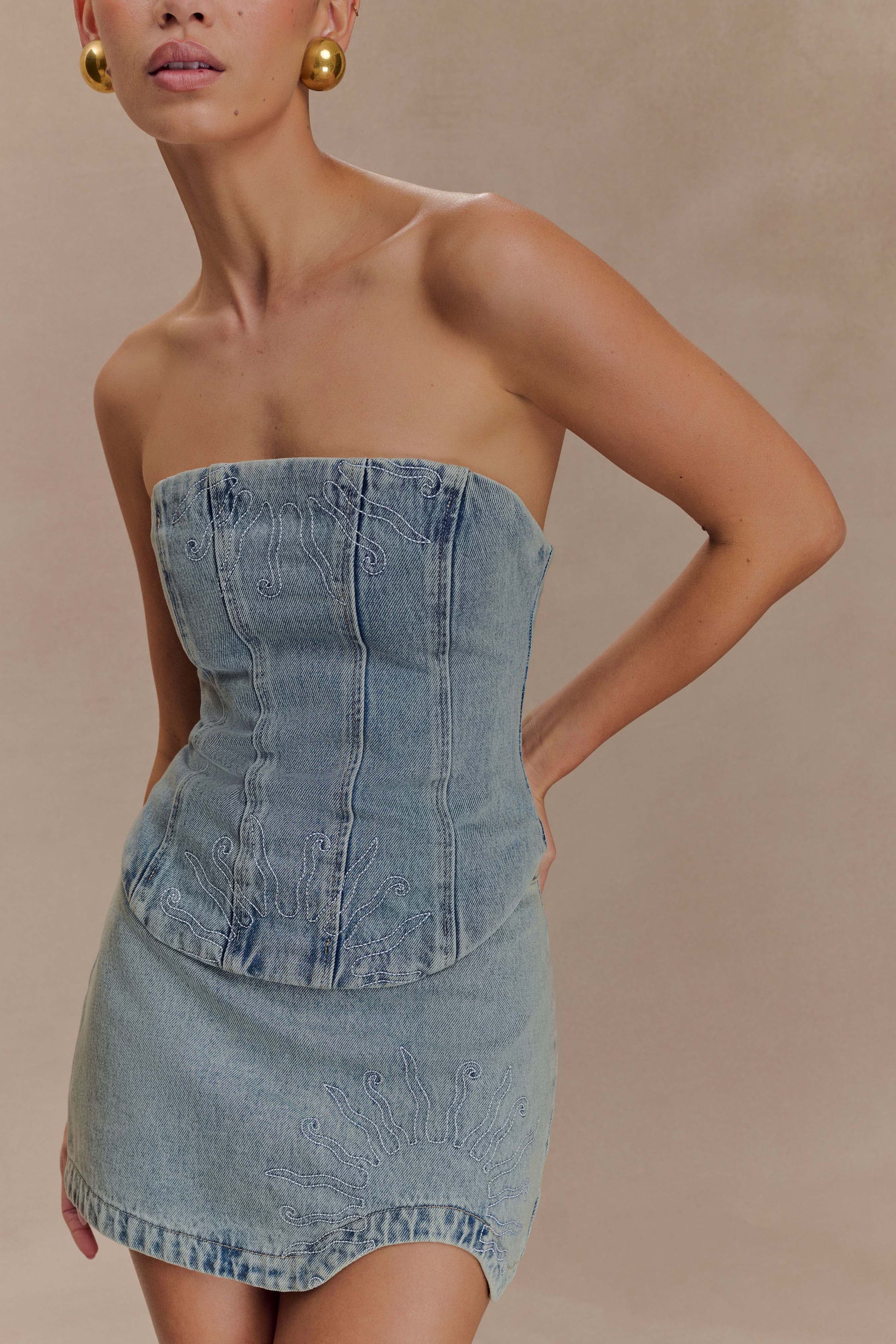 Alessia Embroidered Denim Corset - Light Vintage #3