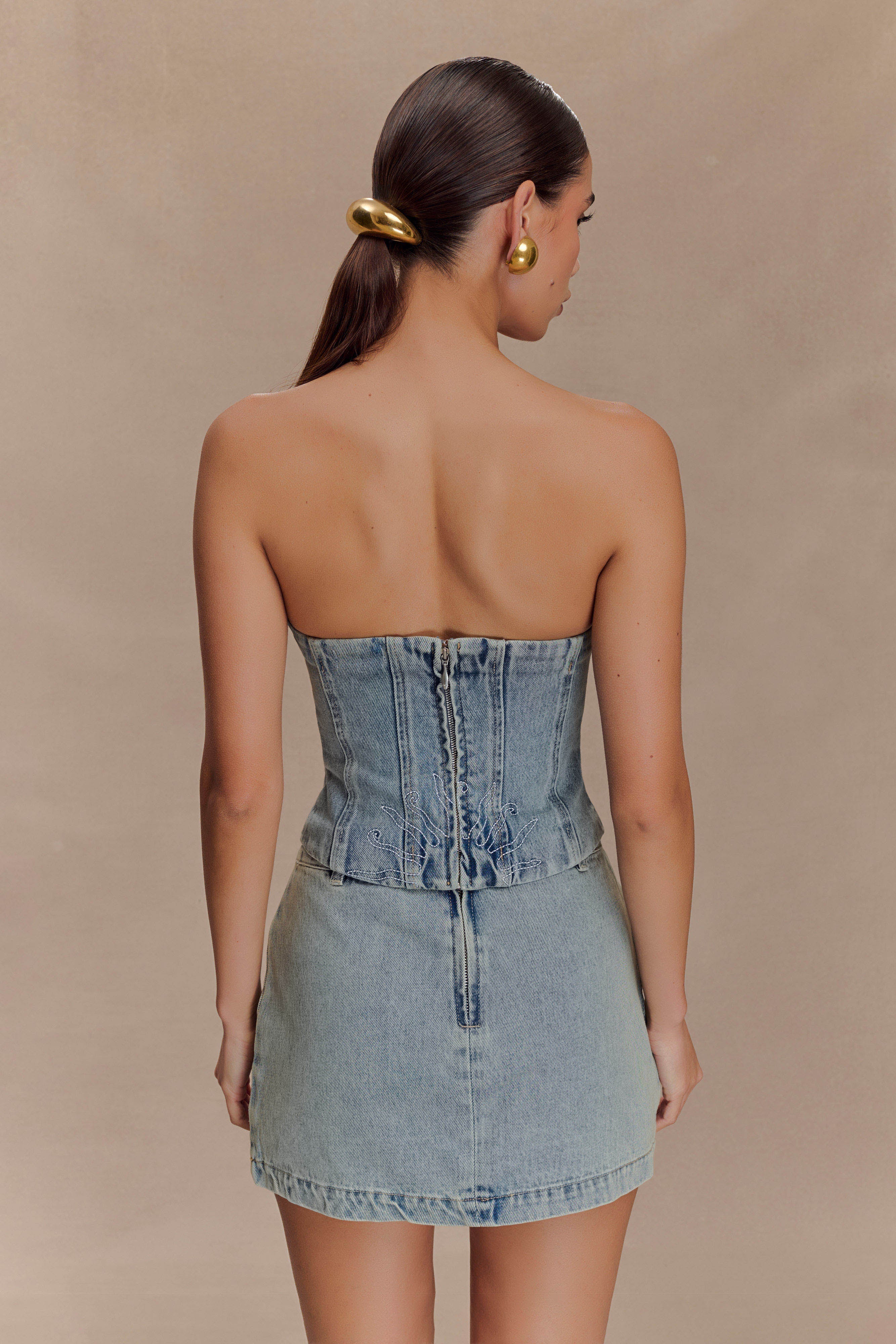 Alessia Embroidered Denim Corset - Light Vintage | MESHKI UK