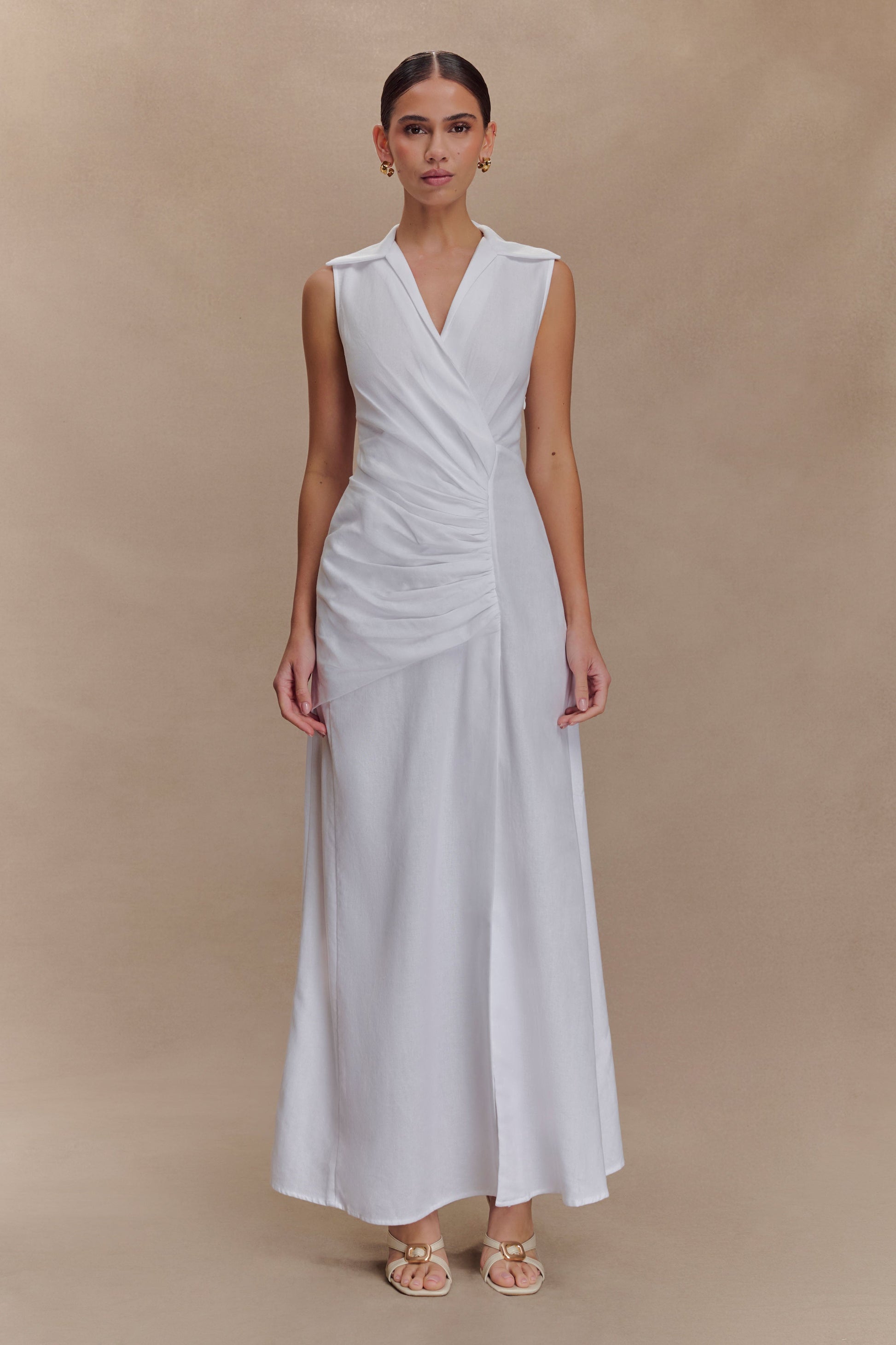 Dante Ruched Linen Midi Dress - White #5
