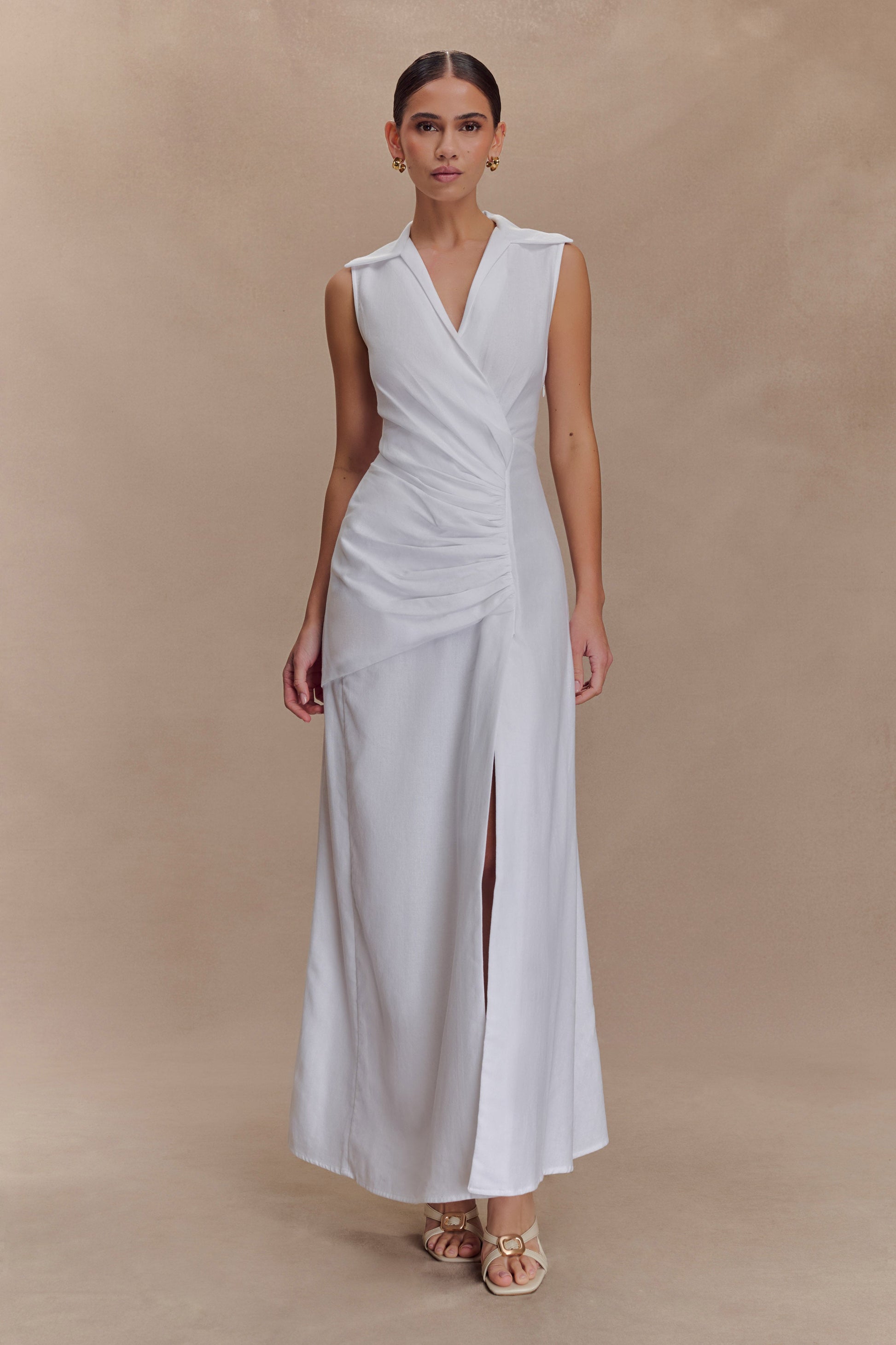 Dante Ruched Linen Midi Dress - White #5