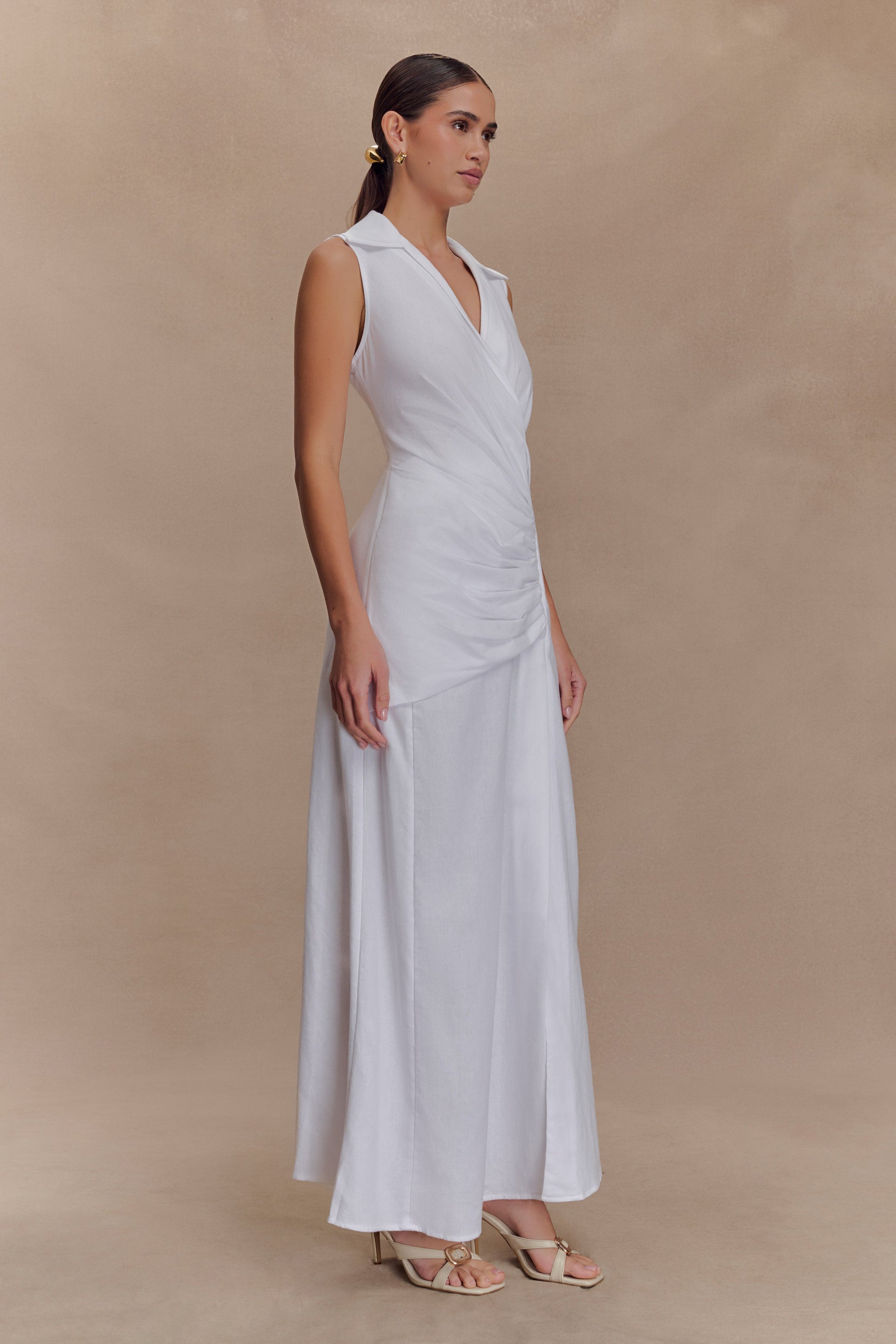 Dante Ruched Linen Midi Dress - White #4