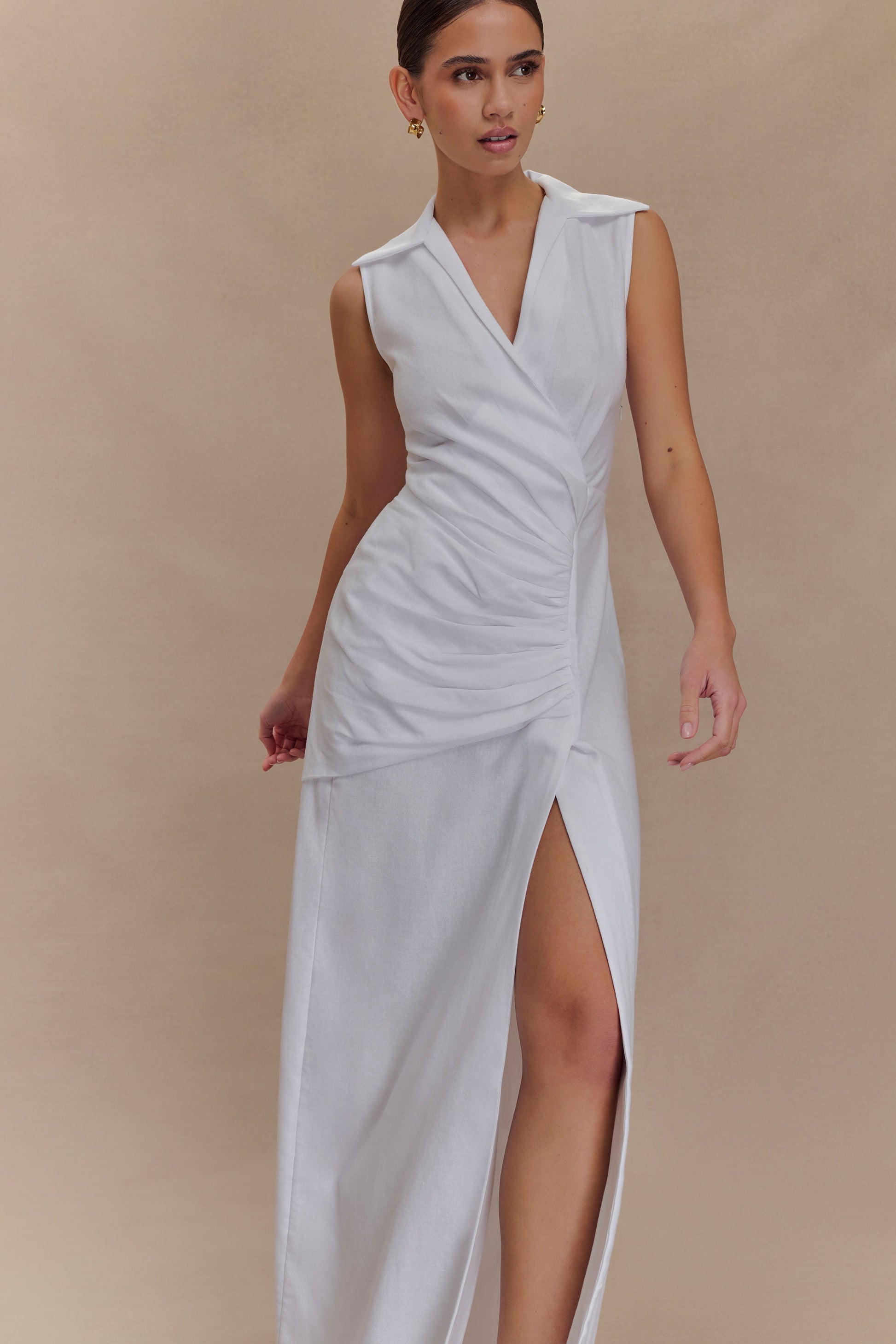 Dante Ruched Linen Midi Dress - White #3