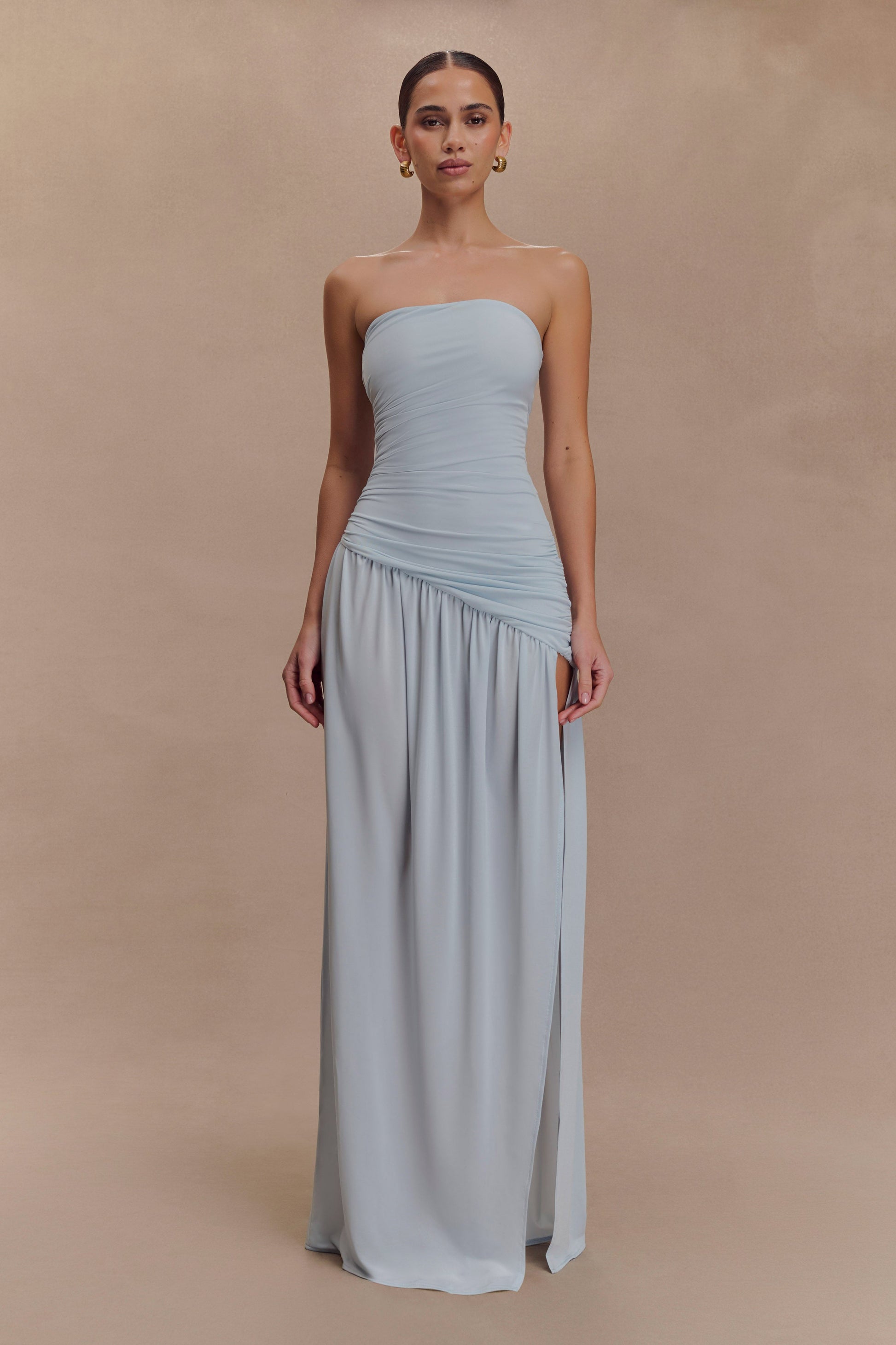 Bex Strapless Slinky Maxi Dress With Split - Pale Blue #2