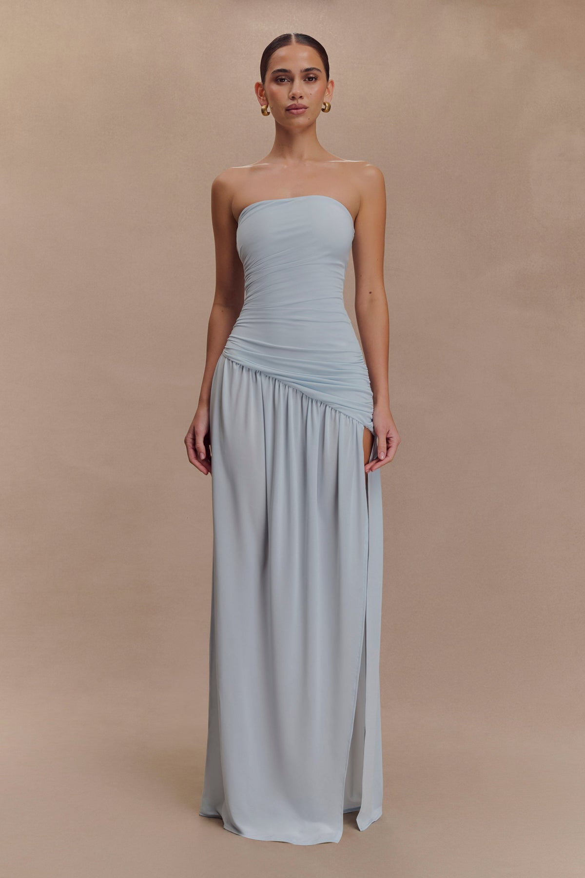 Bex Strapless Slinky Maxi Dress With Split - Pale Blue #2